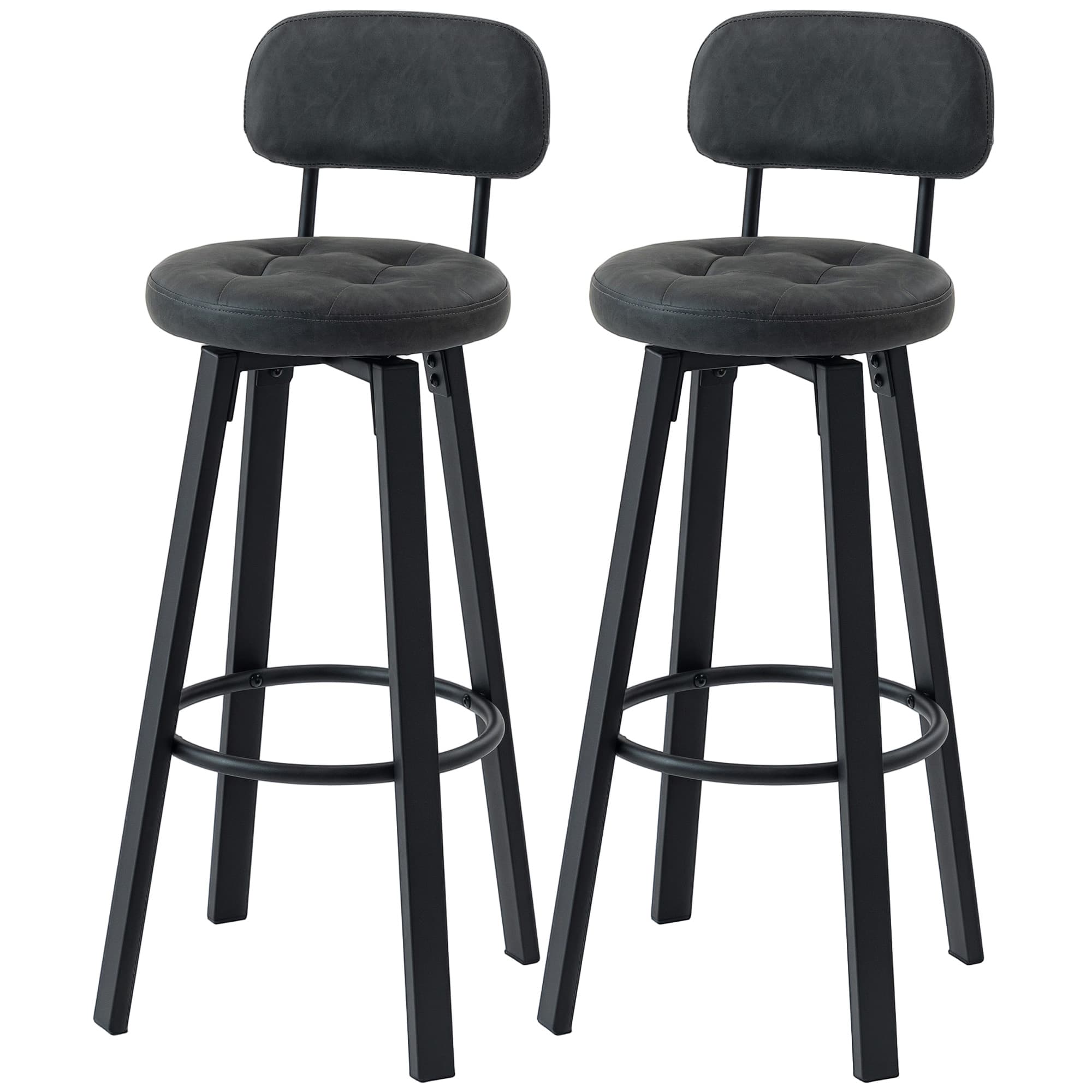 HOMCOM Lot de 2 Tabourets de Cuisine Hauts Pivotants Revêtus de PU avec Dossier Structure Métallique Repose-pieds Gris Foncé