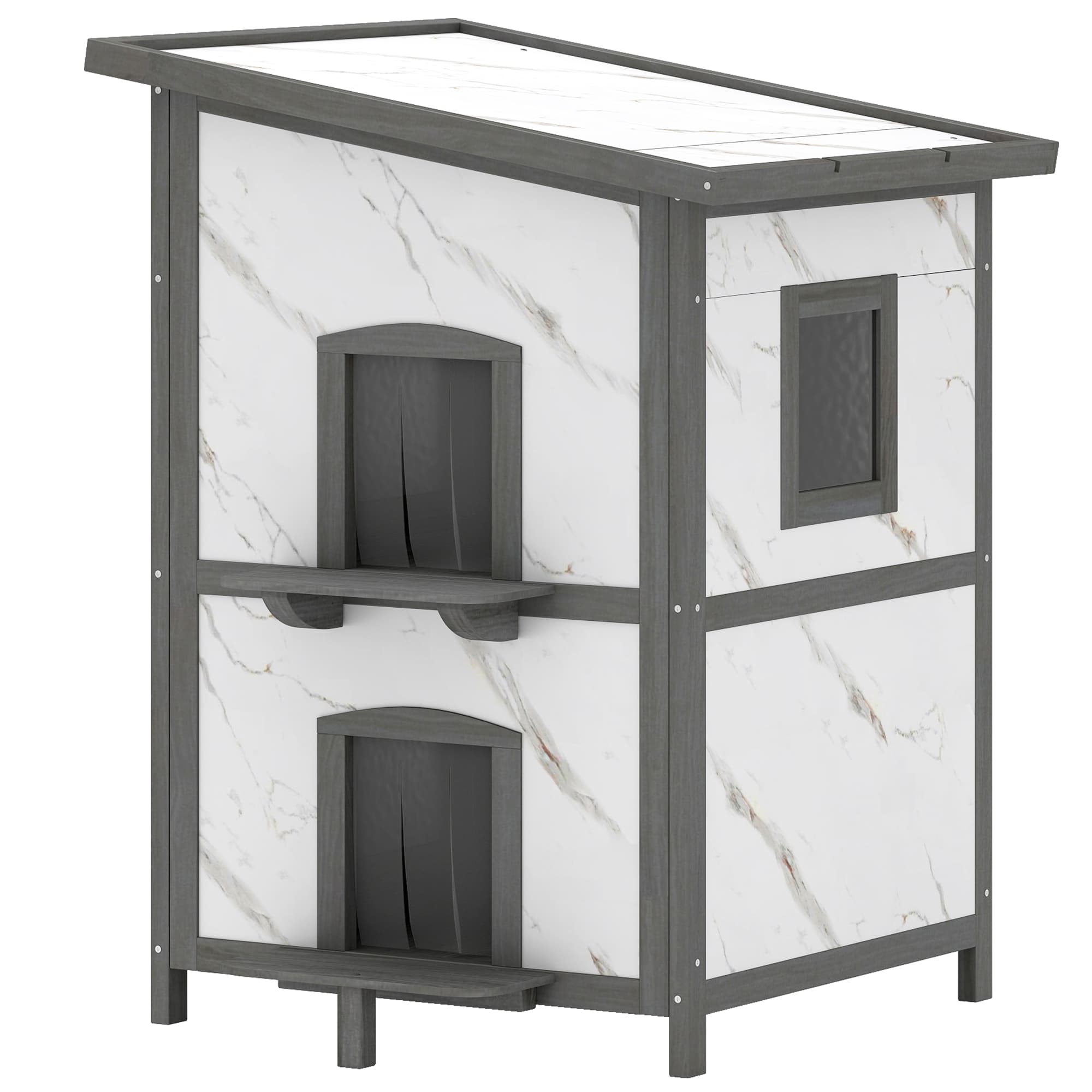 PawHut Maison d'extérieur pour chat, maison en bois pour chats, plusieurs entrées, fenêtre, imperméable, 60 x 60 x 88 cm, Blanc
