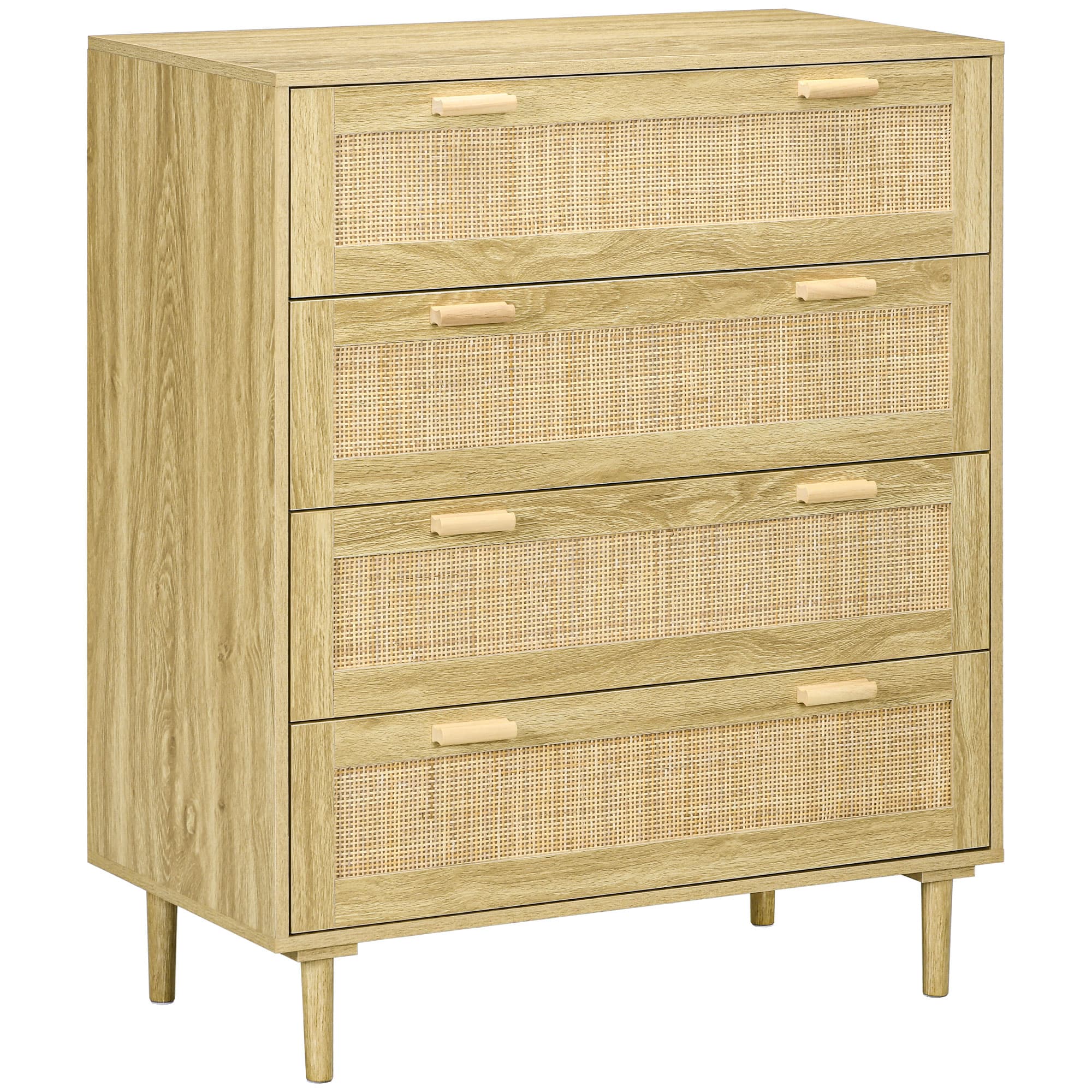 HOMCOM Commode 4 tiroirs meuble de rangement façade tissage en rotin style bohème dim. 90l x 45P x 108,5H cm Aspect Bois Clair