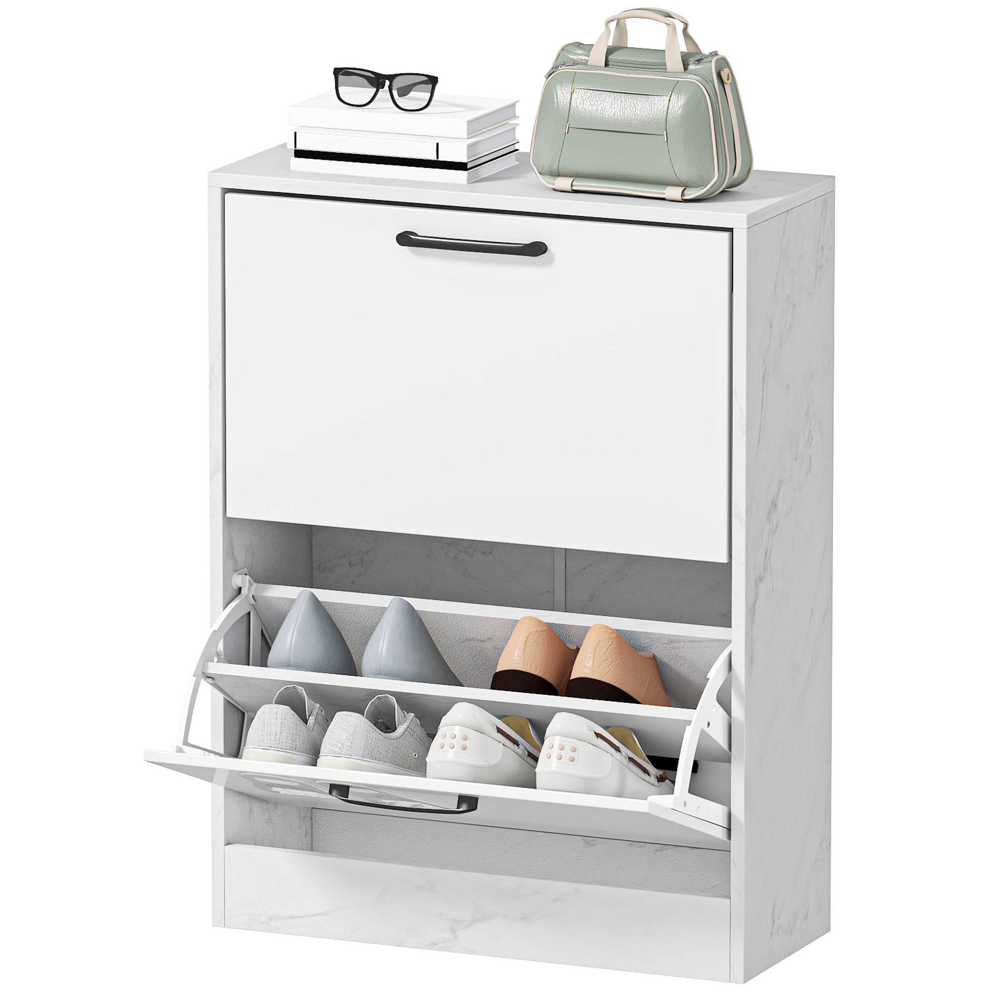 HOMCOM Meuble à chaussures étroit 2 portes haute brillance étagères réglables design marbre pour 8 paires de chaussures 60x24x80 cm Blanc