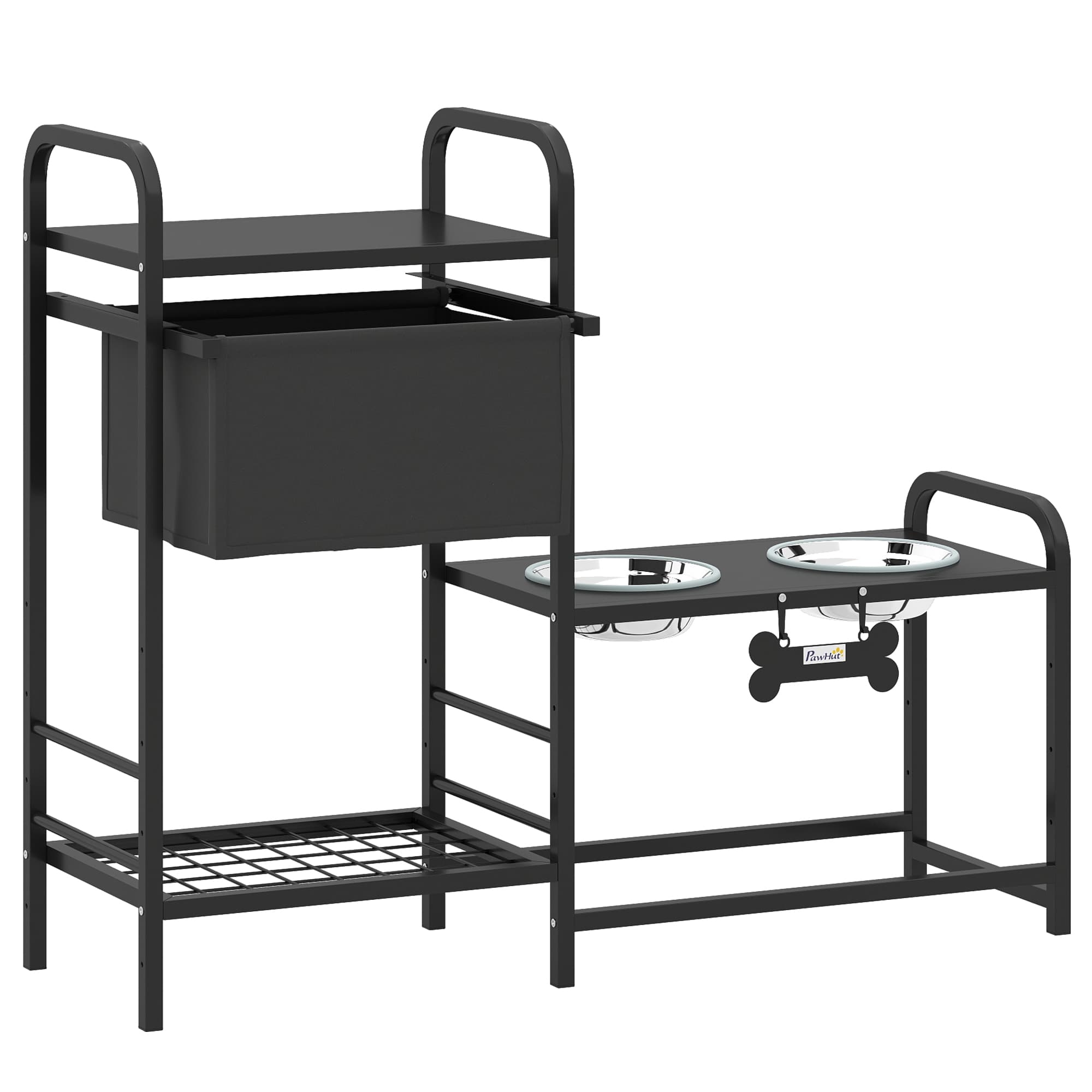 PawHut Gamelle surélevée réglable en hauteur avec rangement, bol d'eau, 2 x 800 ml bols en acier inoxydable 89,5x27x74 cm Noir