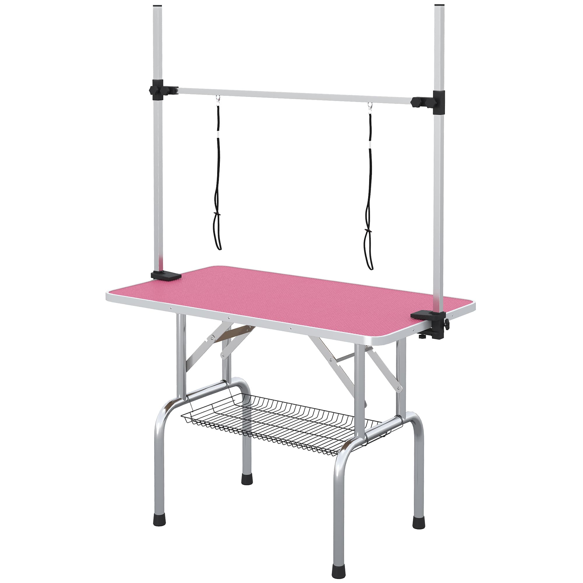 PawHut Table de toilettage canine pliante avec panier métallique Barre réglable en acier inoxydable 107x60x164 cm Rose
