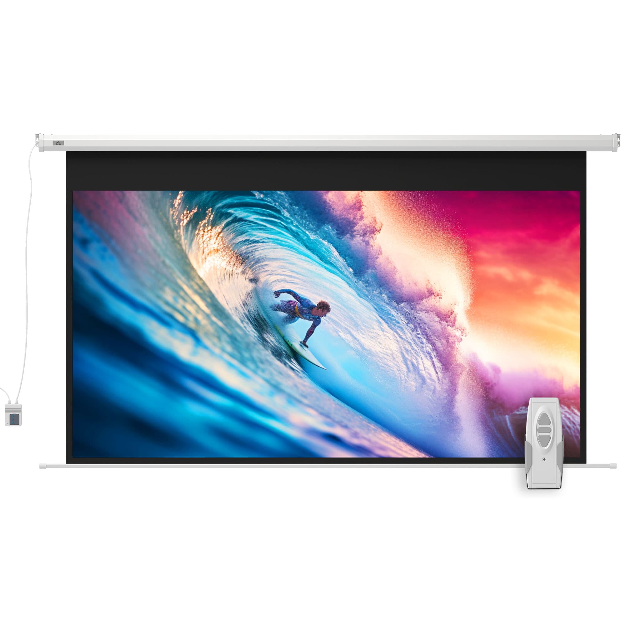 HOMCOM Écran pour projecteur 254 cm 16:9 motorisé avec télécommande, 251x8x168 cm, Blanc