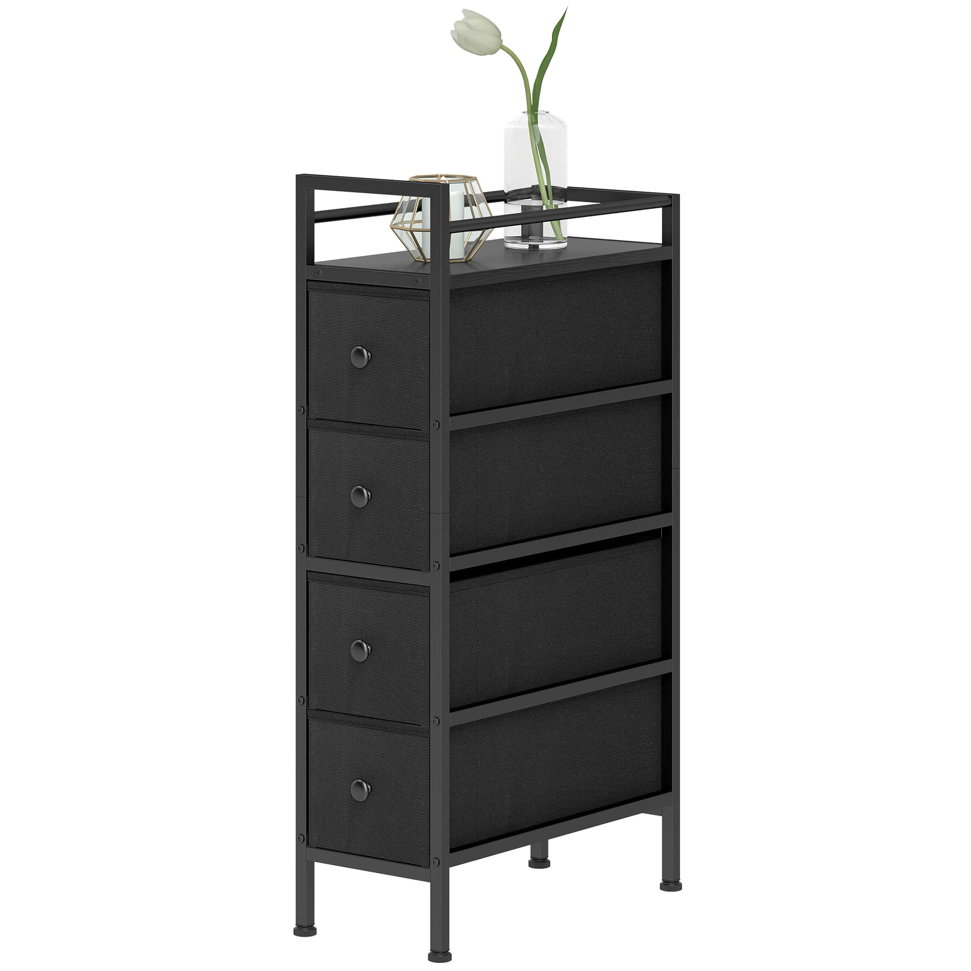 HOMCOM Commode armoire avec 4 tiroirs en tissu non tissé Armoire de rangement avec cadre en acier, 20 cm x 43 cm x 81,5 cm, Noir