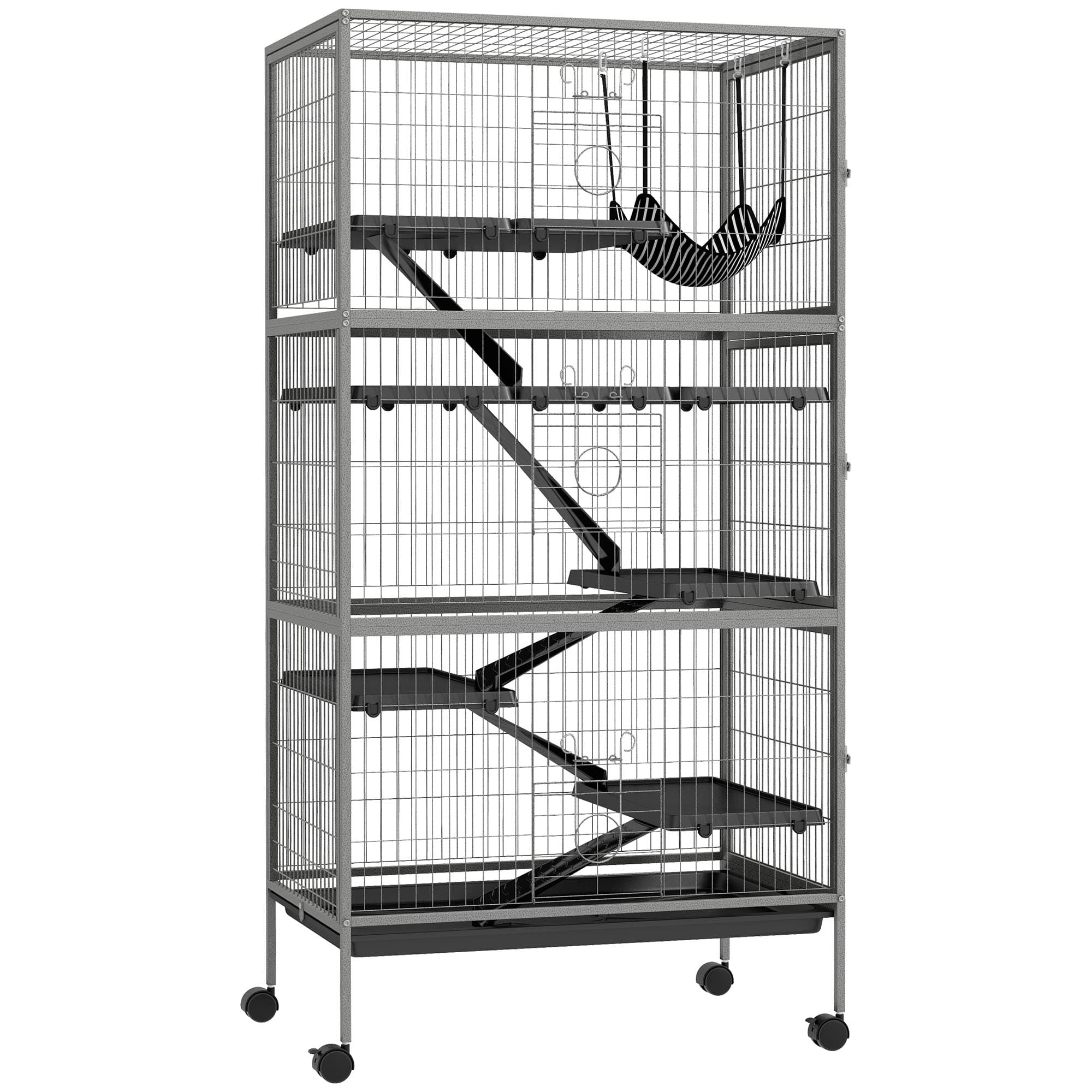 PawHut Cage pour rongeurs multifonction 4 plateformes 3 rampes 4 portes dim. 80L x 52l x 159H cm acier gris argenté noir