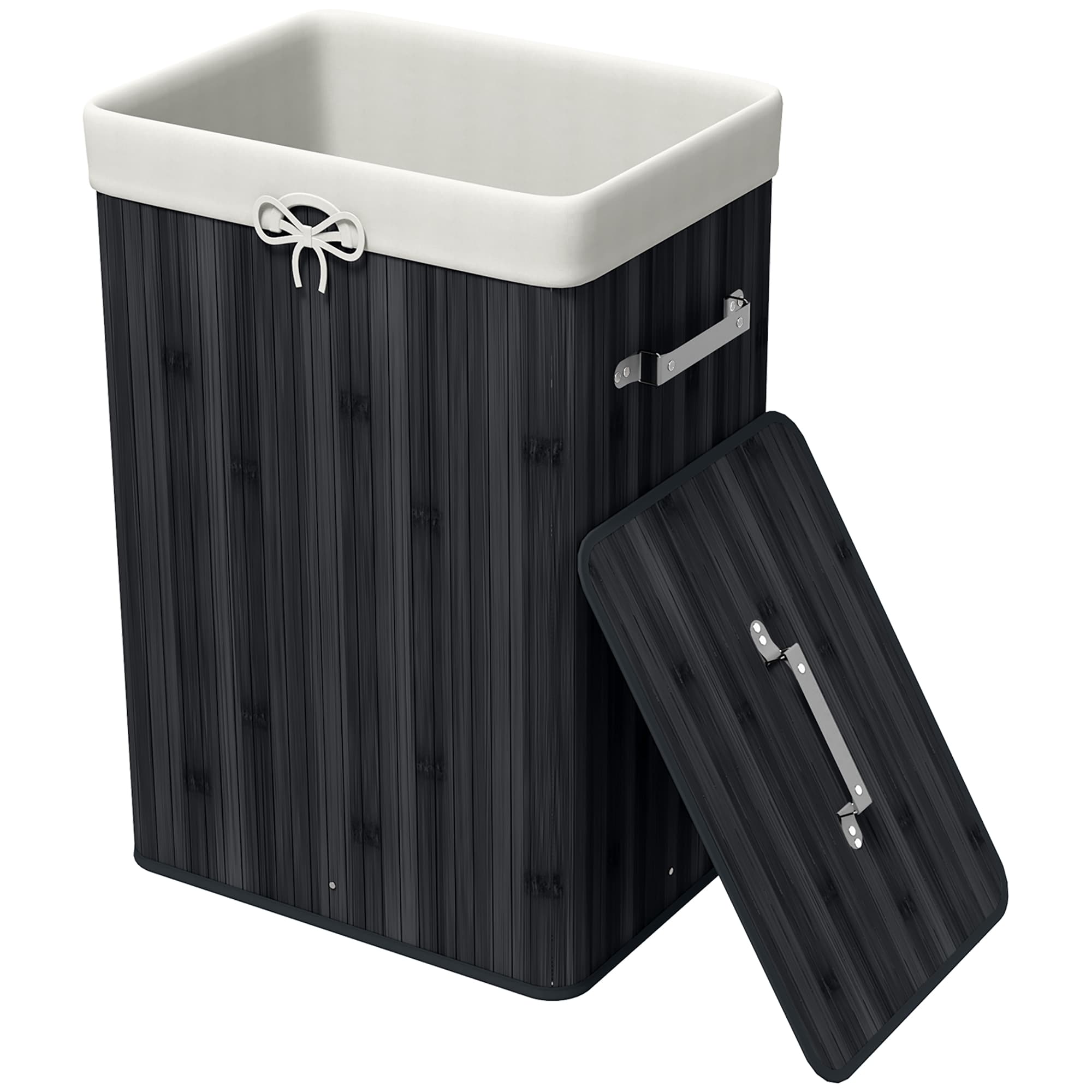 HOMCOM Panier à linge, boîte à linge, collecteur de linge avec couvercle, sac en toile, bambou, pliable, 72 L, Noir 40 x 30 x 60 cm