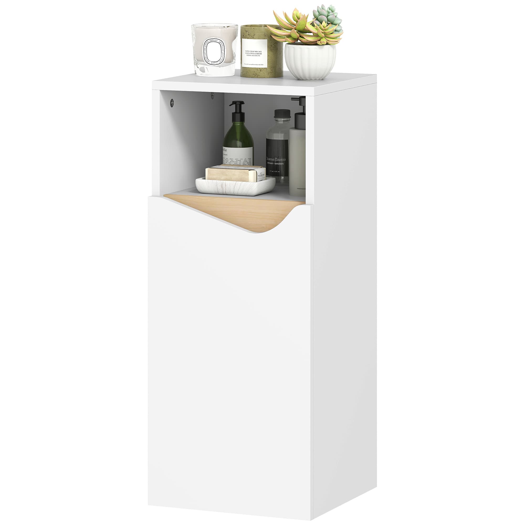 HOMCOM Meuble de salle de bain avec armoire à porte à fermeture amortie et compartiment ouvert, 30x30x71.5 cm, Blanc et bois