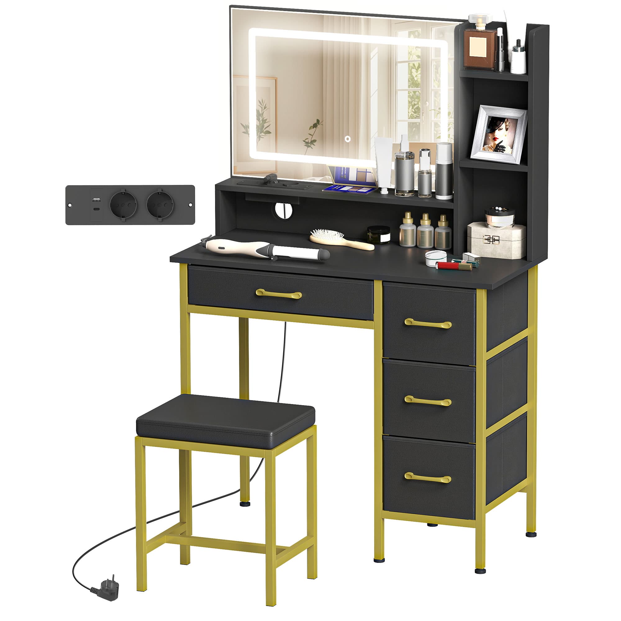 HOMCOM Coiffeuse de Maquillage avec Miroir Lumières LED Station de Charge Tabouret Station de Charge 4 Tiroirs Noir