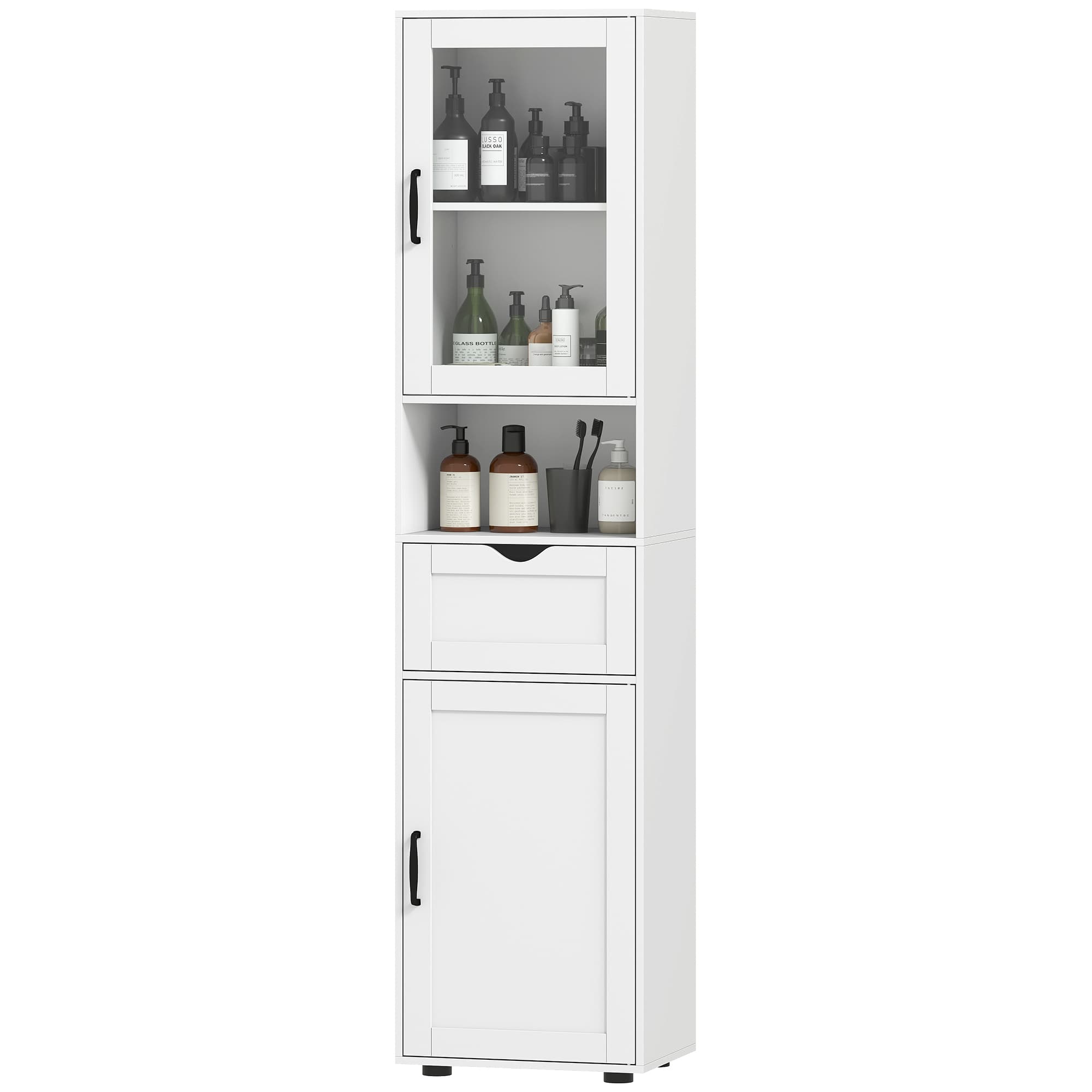 HOMCOM Colonne de Salle de Bain en Bois avec 2 Armoires, Tiroir et Étagère Ouverte, 40x30x165 cm, Blanc