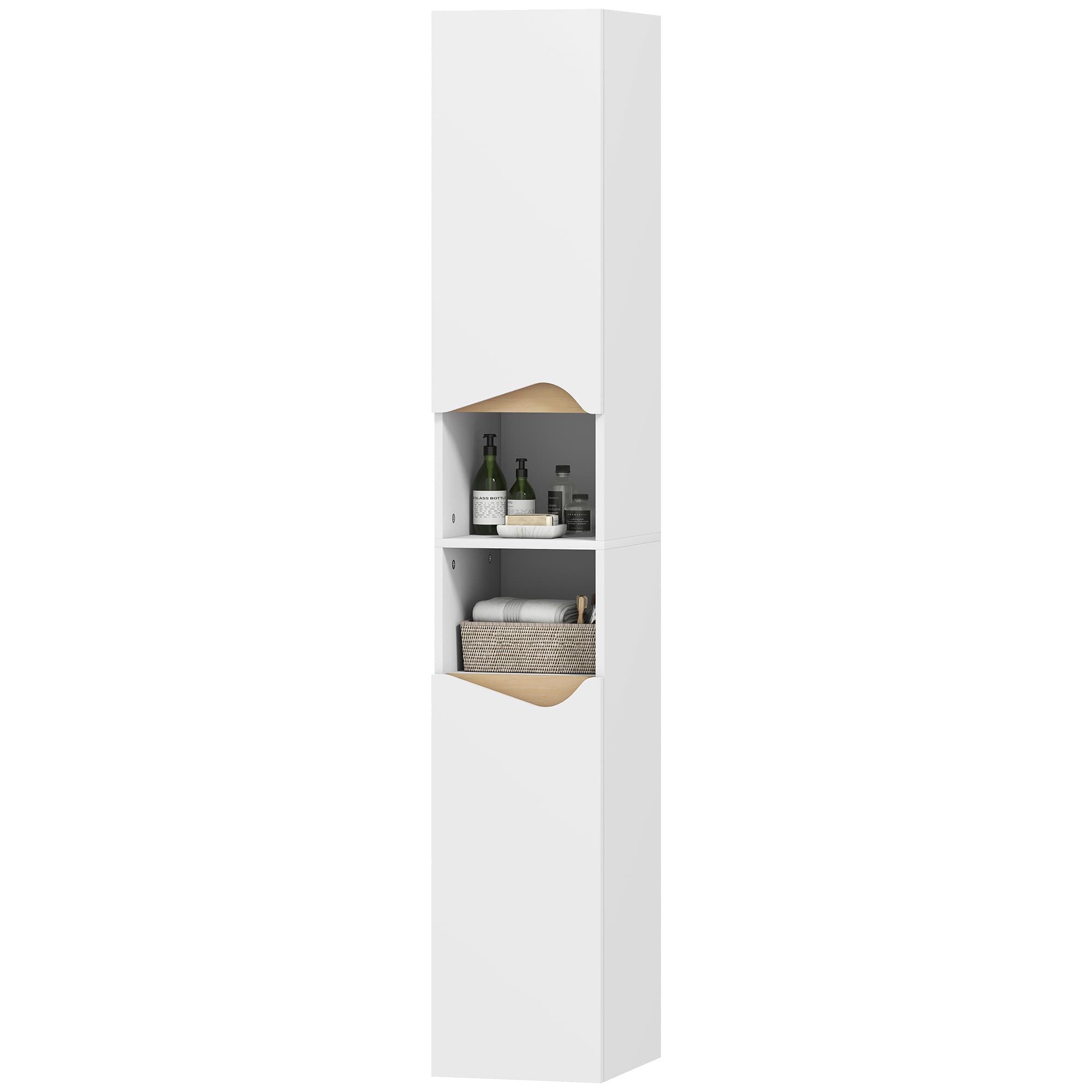 HOMCOM Armoire de salle de bains Colonne étroite avec 2 portes, 2 niches ouvertes, pour salle de bains 30 x 34,6 x 182 cm Blanc