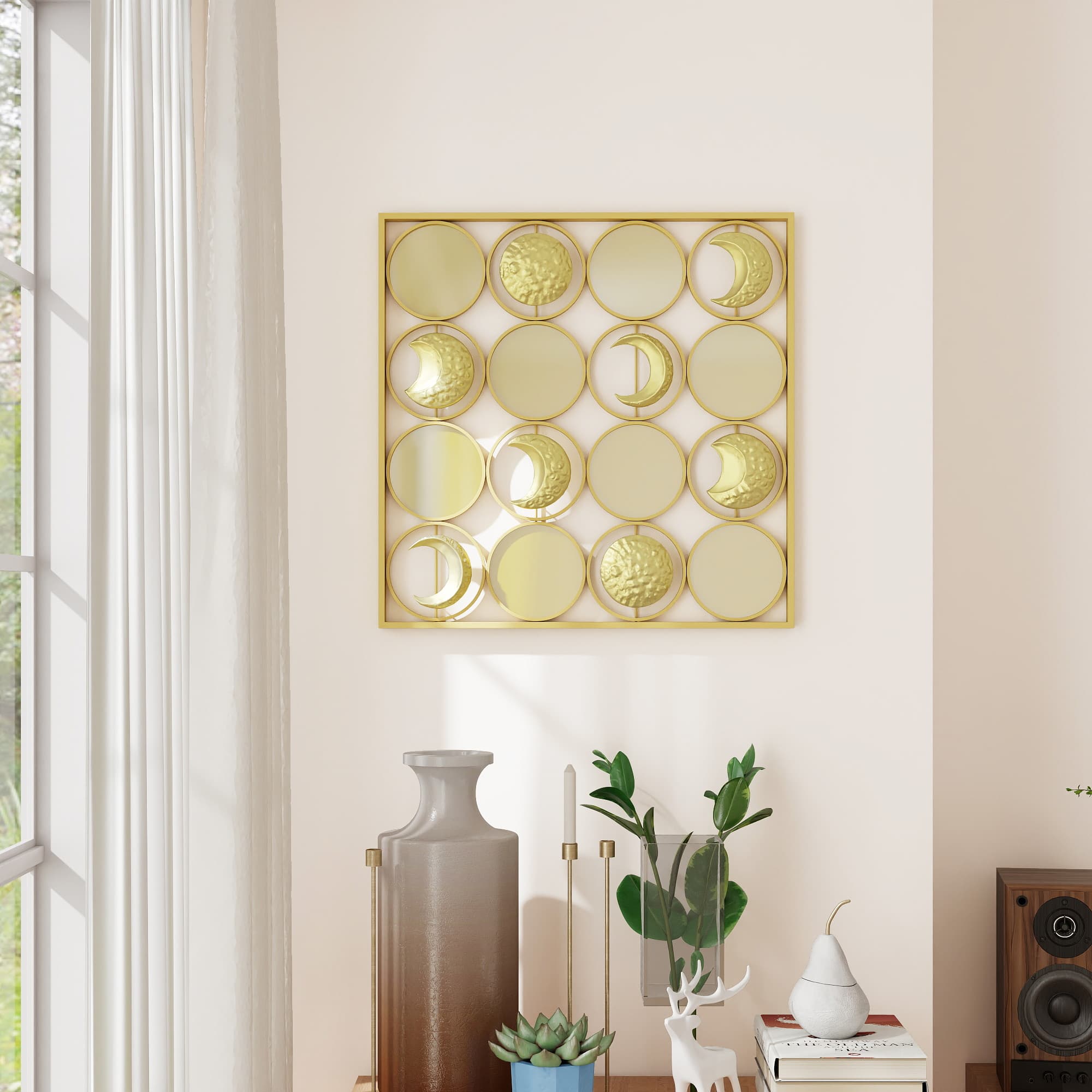 HOMCOM Décoration murale métallique de phases lunaires multidirectionnelle avec 16 disques doré