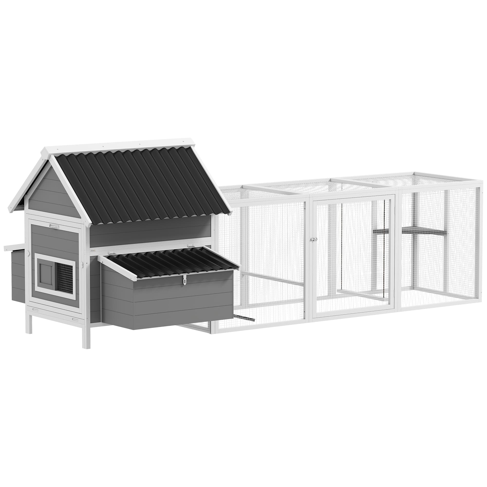 PawHut Grand poulailler pour 7-10 poules, perchoirs, balançoire, fenêtre, nichoirs, grillage, Gris