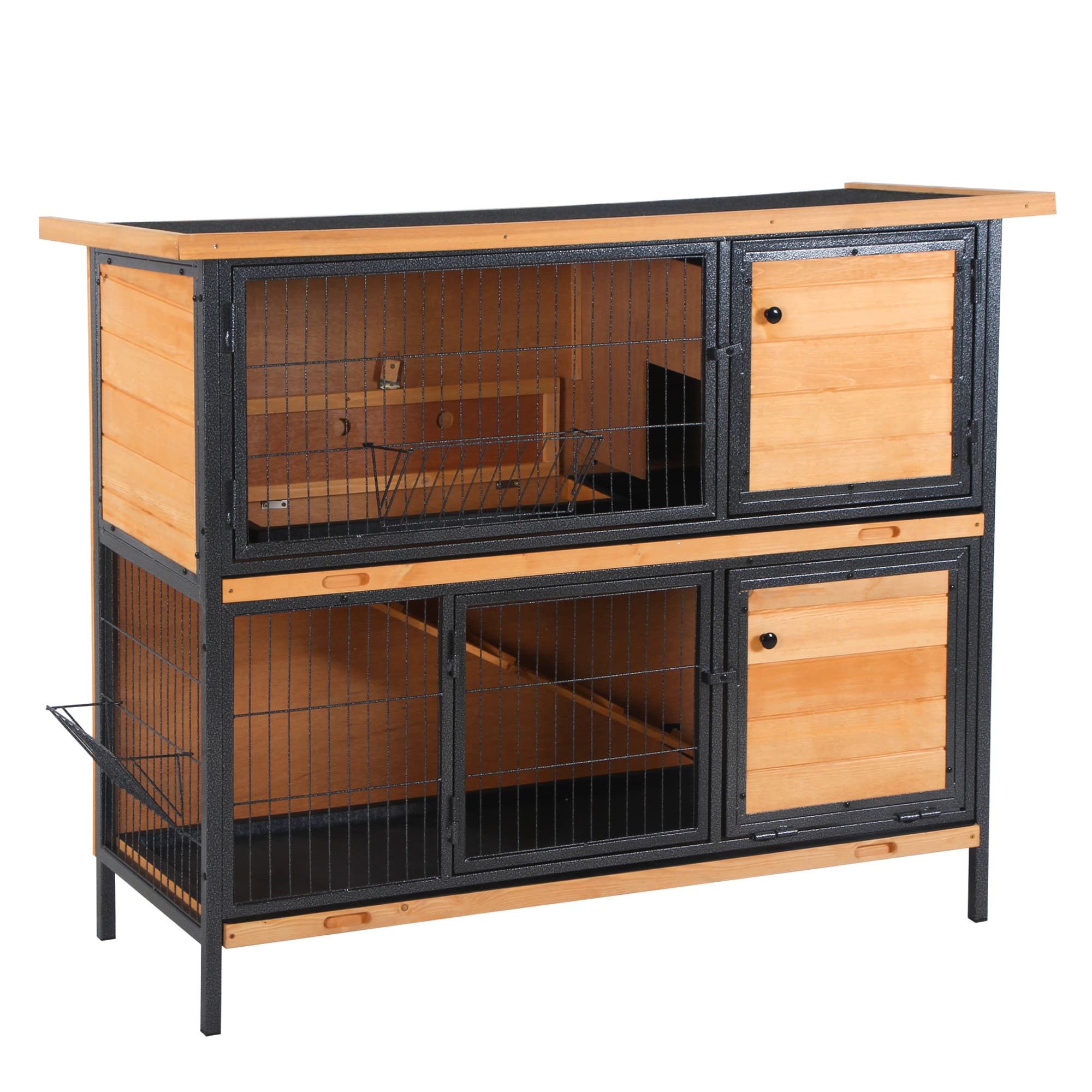 PawHut Clapier lapin extérieur 2 étages toit bitumé 4 portes verrouillables 122 x 50 x 101 cm bois naturel noir