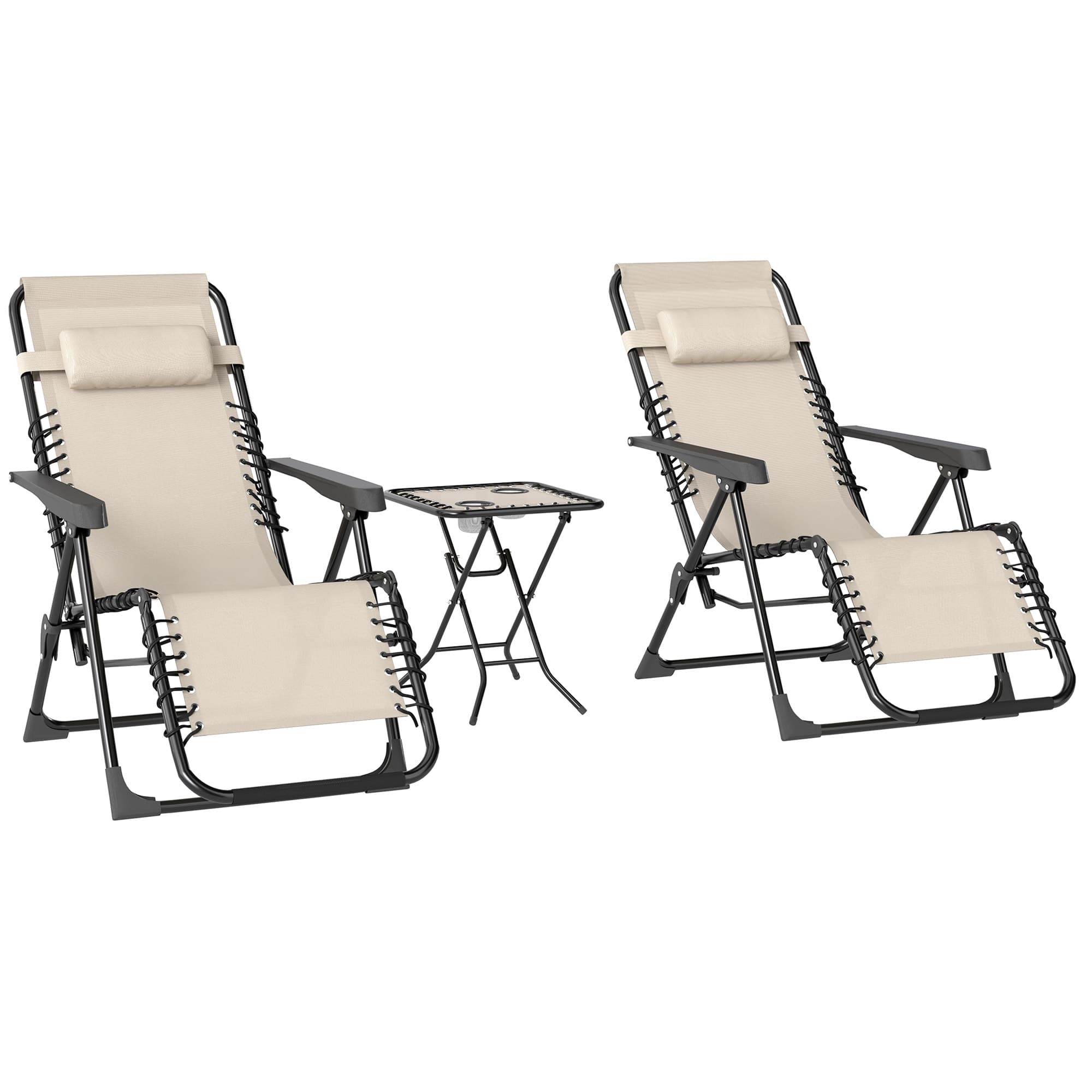 Outsunny Lot de 2 chaise longue pliable et inclinable avec table d'appoint, porte-gobelets et appuie-têtes, charge 120 kg, noir