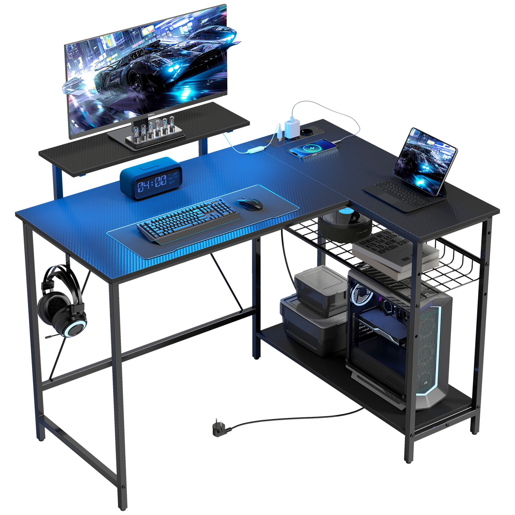 HOMCOM Bureau Gaming d'Angle avec LED, Prises Électriques, Support Écran et Étagère, Noir