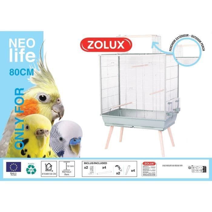 ZOLUX Cage grillagée surélevée pour oiseau - Pour perruche, calopsitte, canari - 81 x 48 x 130 cm - Néolife - Vert