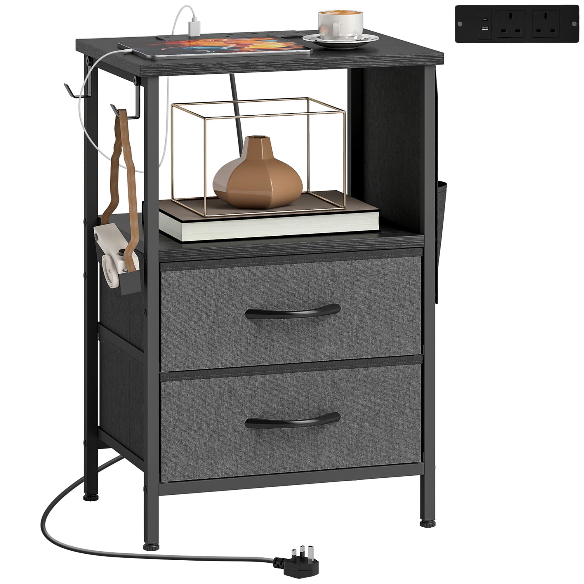 HOMCOM Table d'appoint avec station de charge, cadre en acier, ports USB-C, tiroirs, crochets, 40cm x 30cm x 60cm Noir