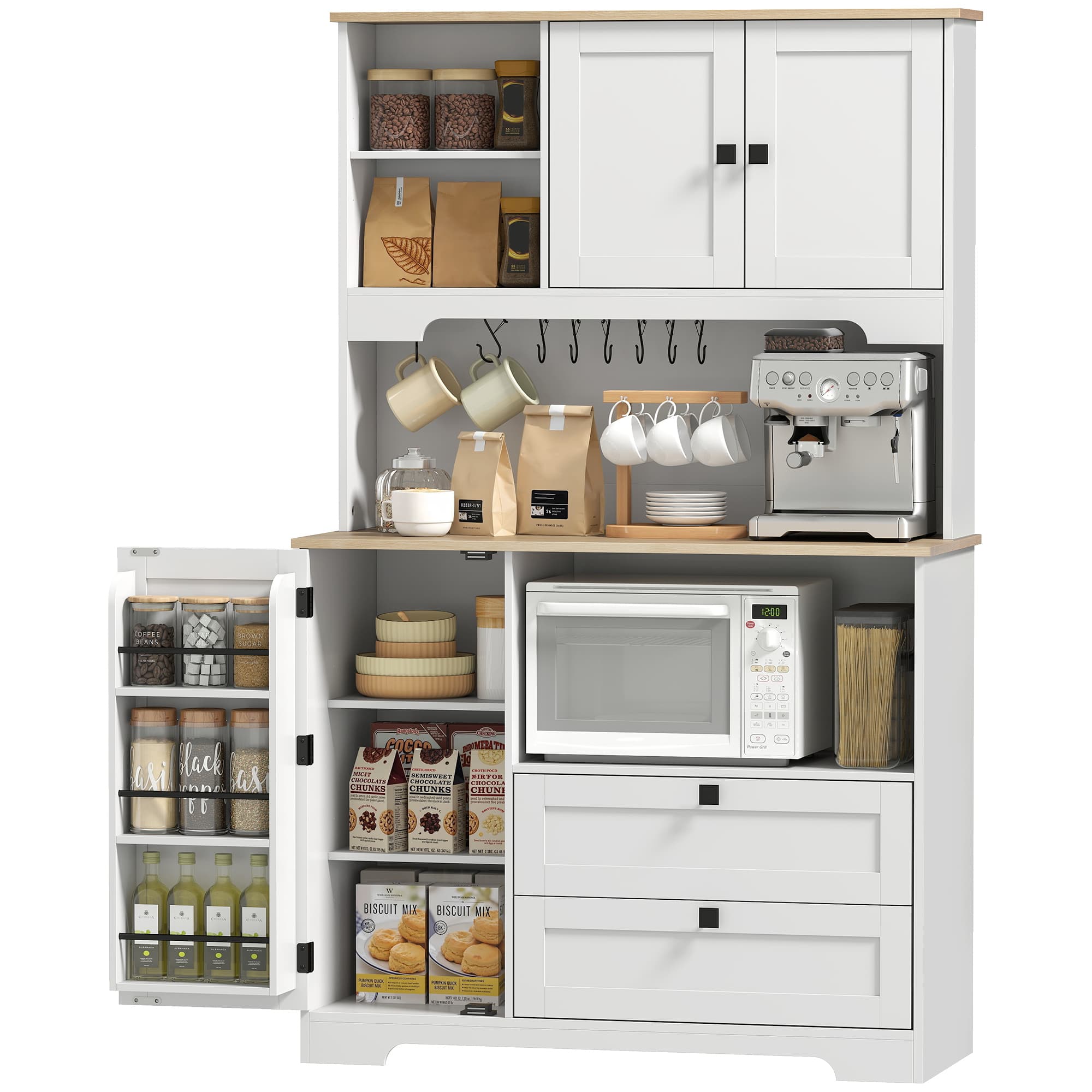 HOMCOM Buffet de Cuisine avec 3 Placards, 2 Tiroirs, Étagères Réglables et Porte-épices, 100x40x62 cm, Blanc