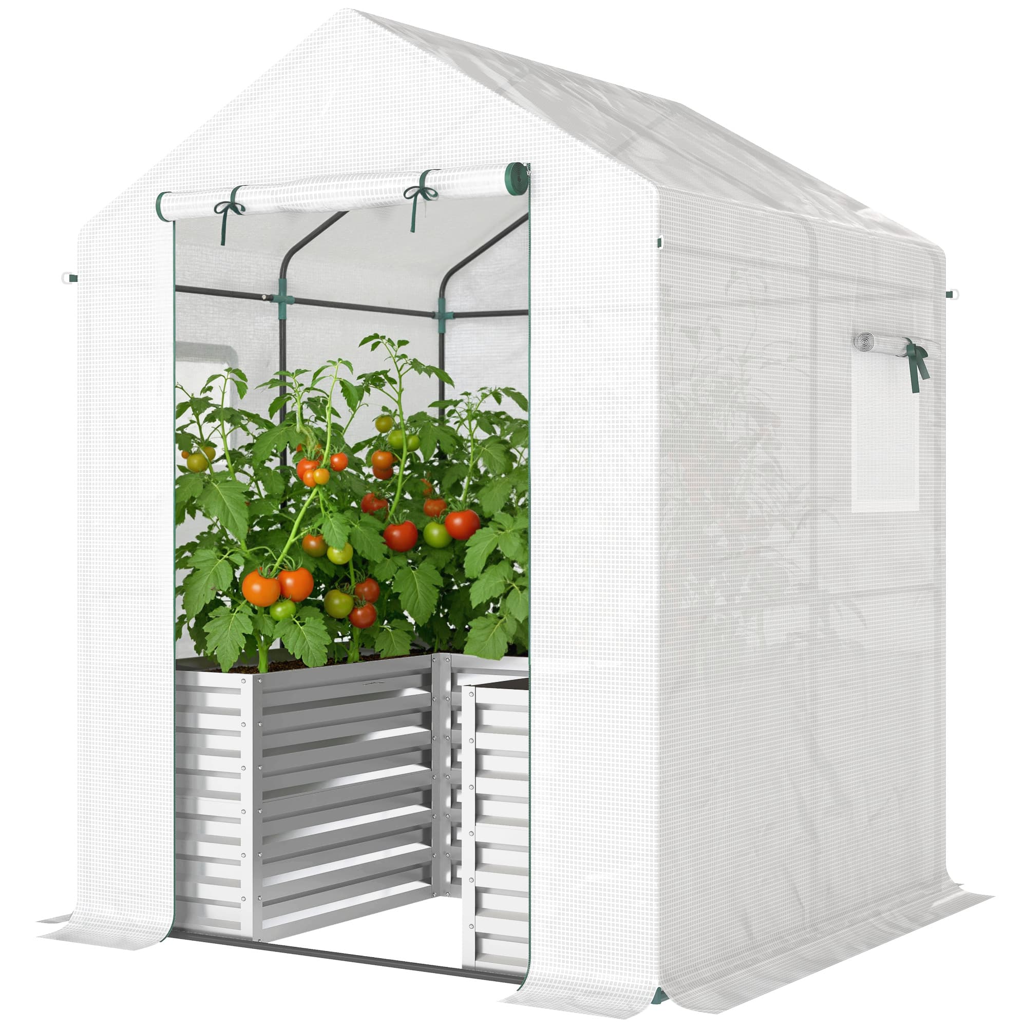Outsunny Serre à tomates en film avec bac surélevé Porte enroulable Fenêtres Toit en pente 141 x 141 x 190 cm Blanc