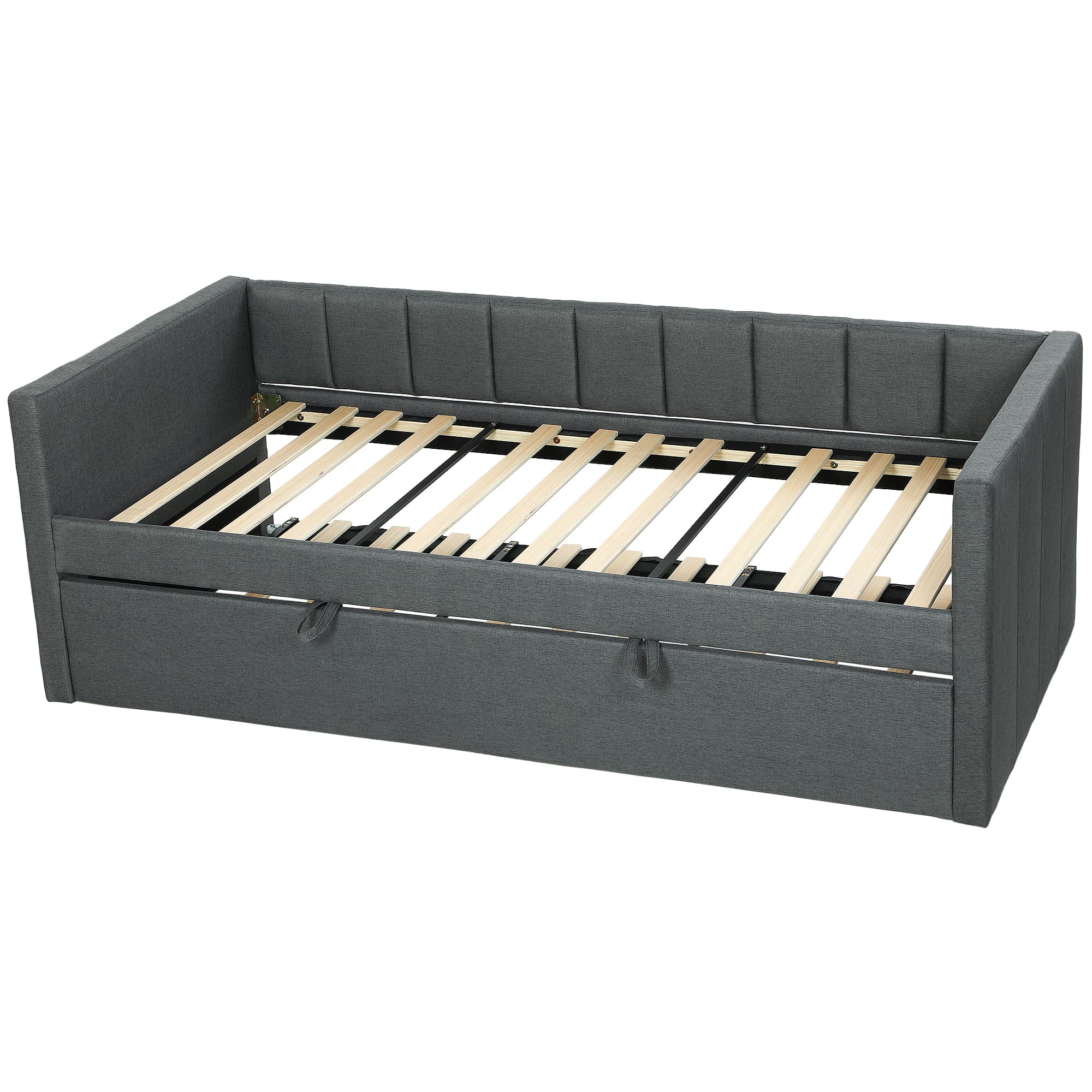 HOMCOM Lit Simple avec Second Lit Escamotable, Revêtement en Tissu et Accoudoirs, 205x181x70 cm, Gris Foncé