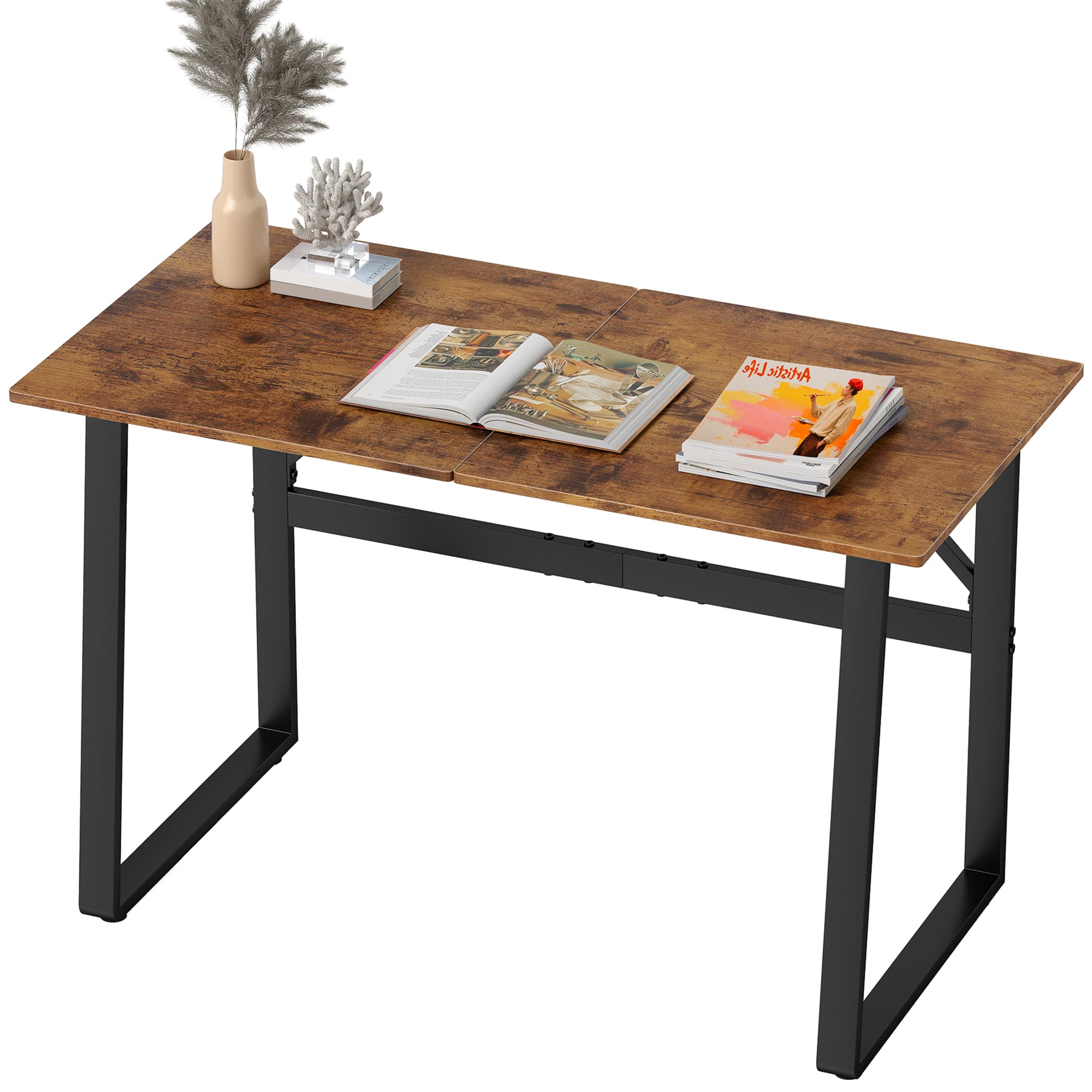 HOMCOM Bureau de chambre style industriel avec angles arrondis, en bois et acier, 120x60x76 cm, noir et marron