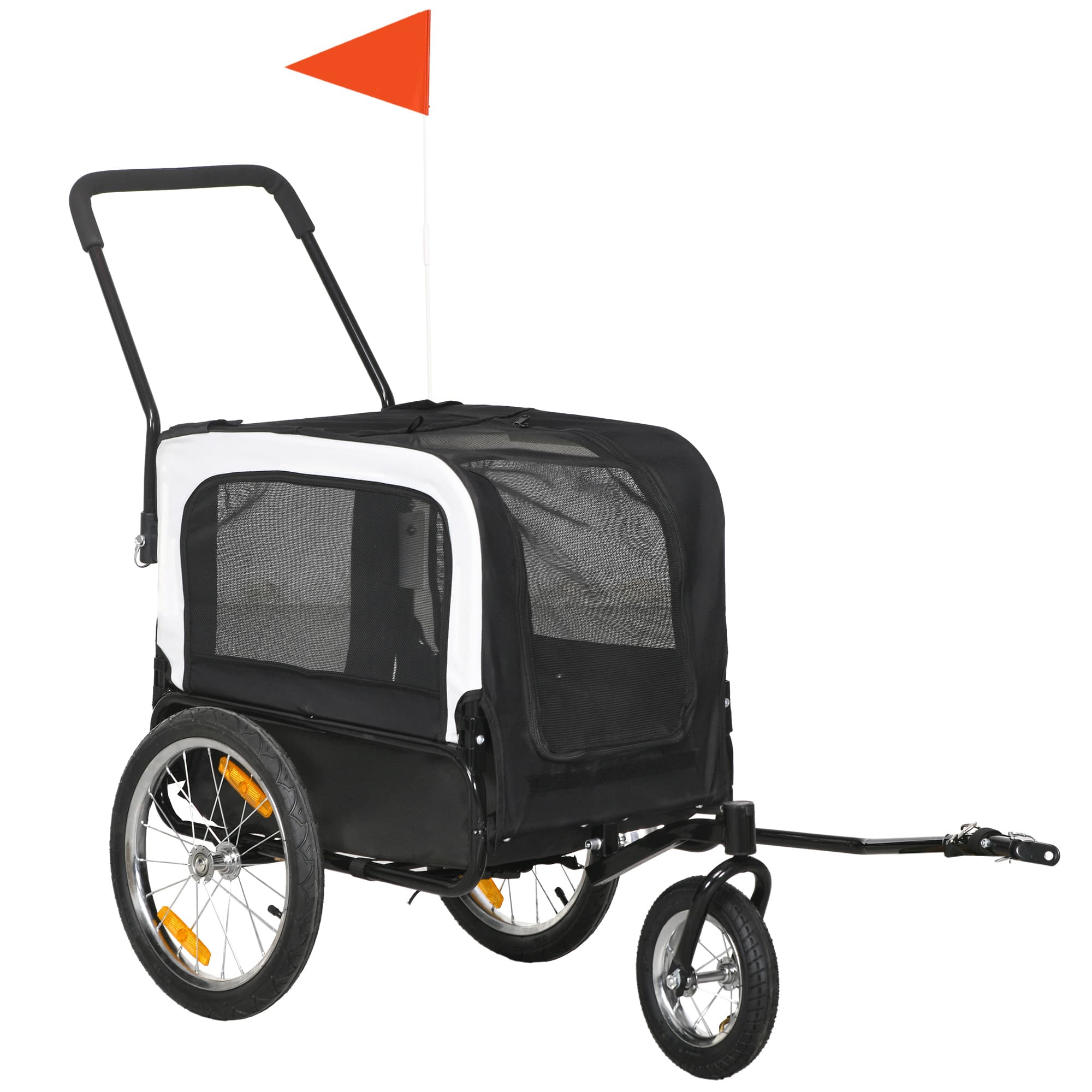 PawHut Remorque vélo jogger 2 en 1 pour animaux de compagnie drapeau roue avant pivotante réflecteurs noir