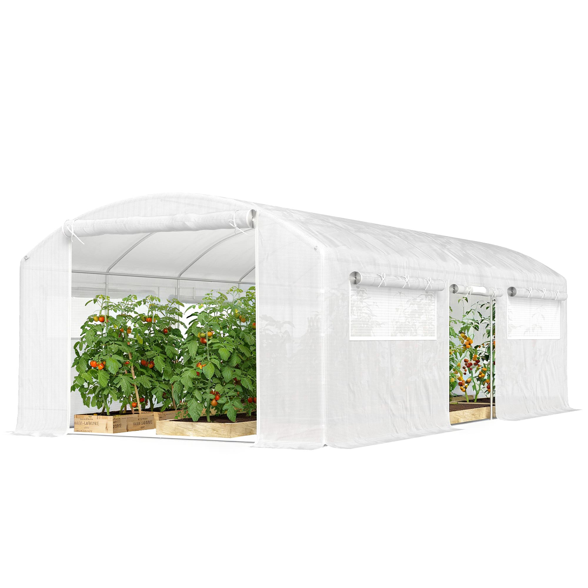 Outsunny Serre tunnel 6x3x2 m avec 3 portes enroulables, 6 fenêtres en filet et structure en acier galvanisé, blanc
