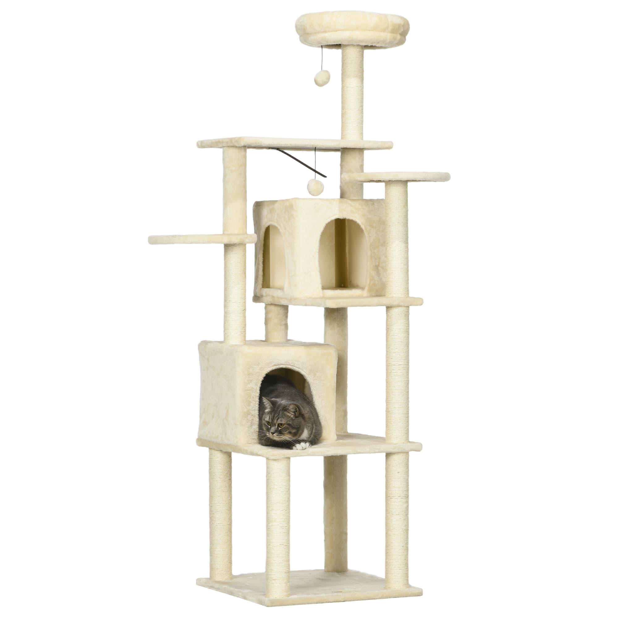 PawHut Arbre à Grimper pour Félin 171cm Beige avec Niches, Plateformes et Jouets Aosom France