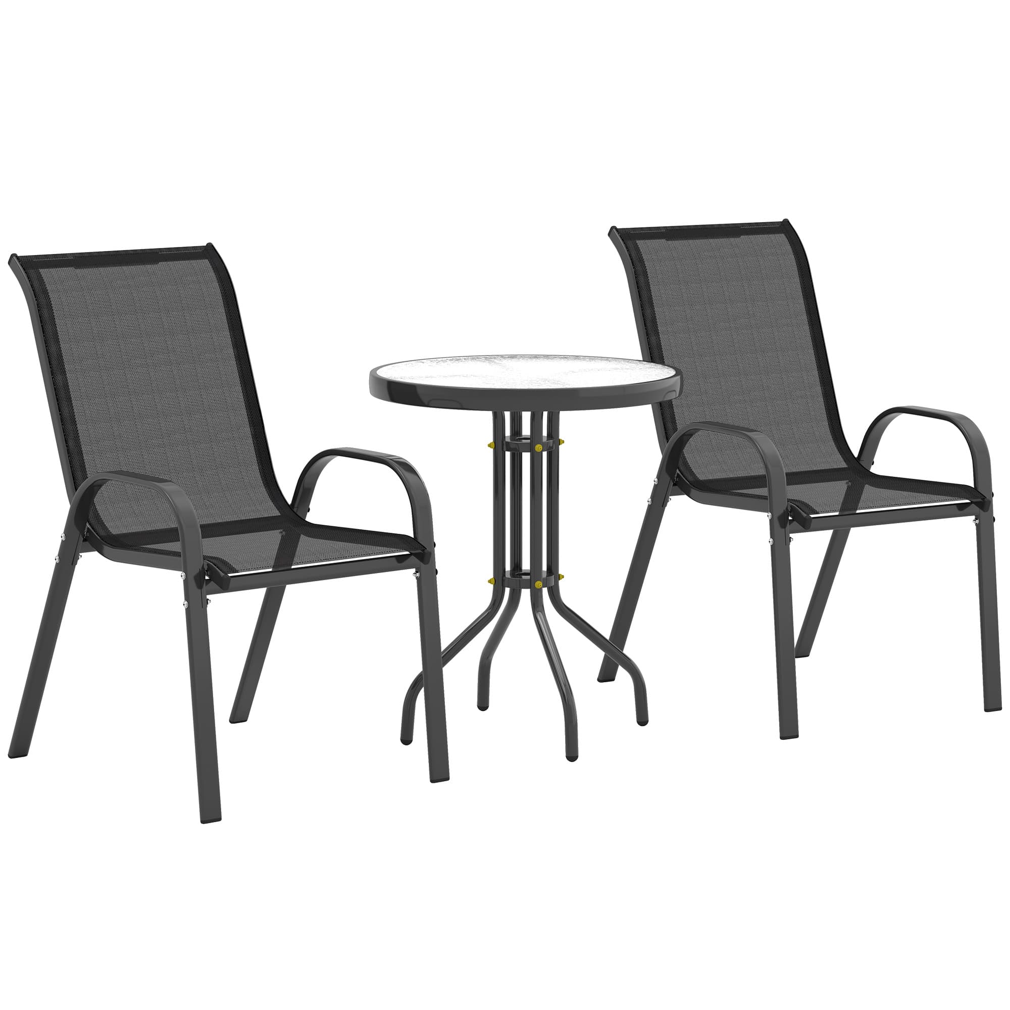 Outsunny 3 pièces salon de jardin extérieur ensemble de meubles 2 fauteuils empilables table basse dessus en verre trempé noir