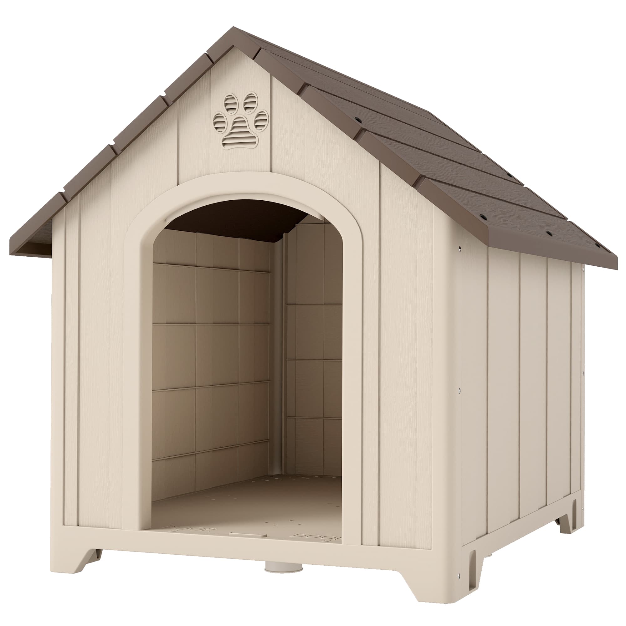 PawHut Niche Surélevée pour Chiens avec Toit Incliné et Prises d'Air, en PP, 102x94x103 cm, Beige et Marron Foncé