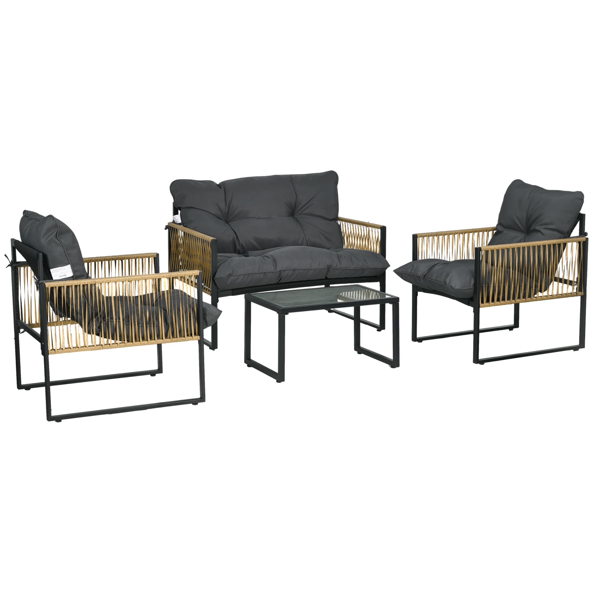 Outsunny Ensemble salon de jardin 4 pièces canapé 2 places 2 fauteuils et 1 table basse plateau verre trempé 3 coussins - gris