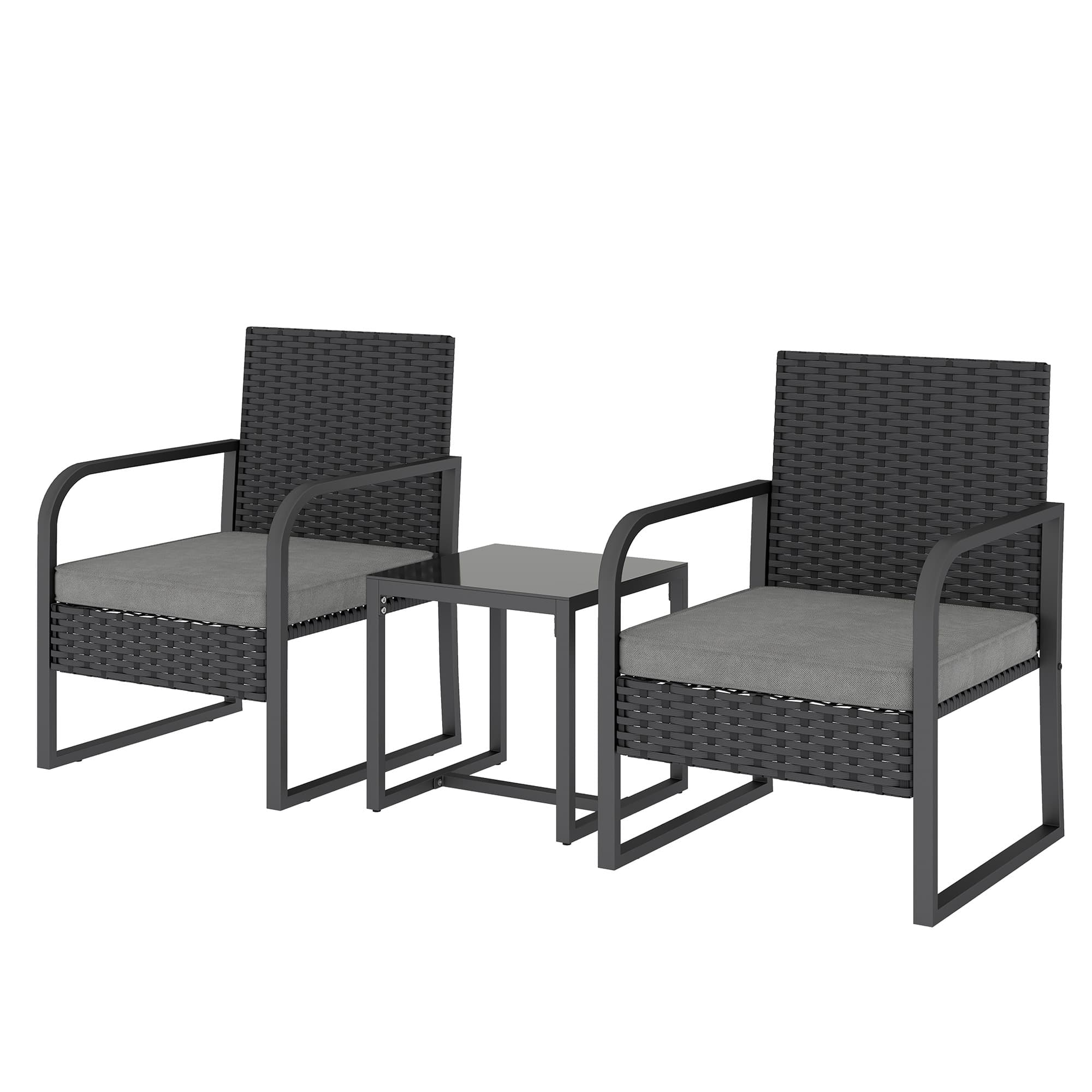 Outsunny Salon de jardin en rotin avec 2 fauteuils d'extérieur et table avec plateau en verre, Noir