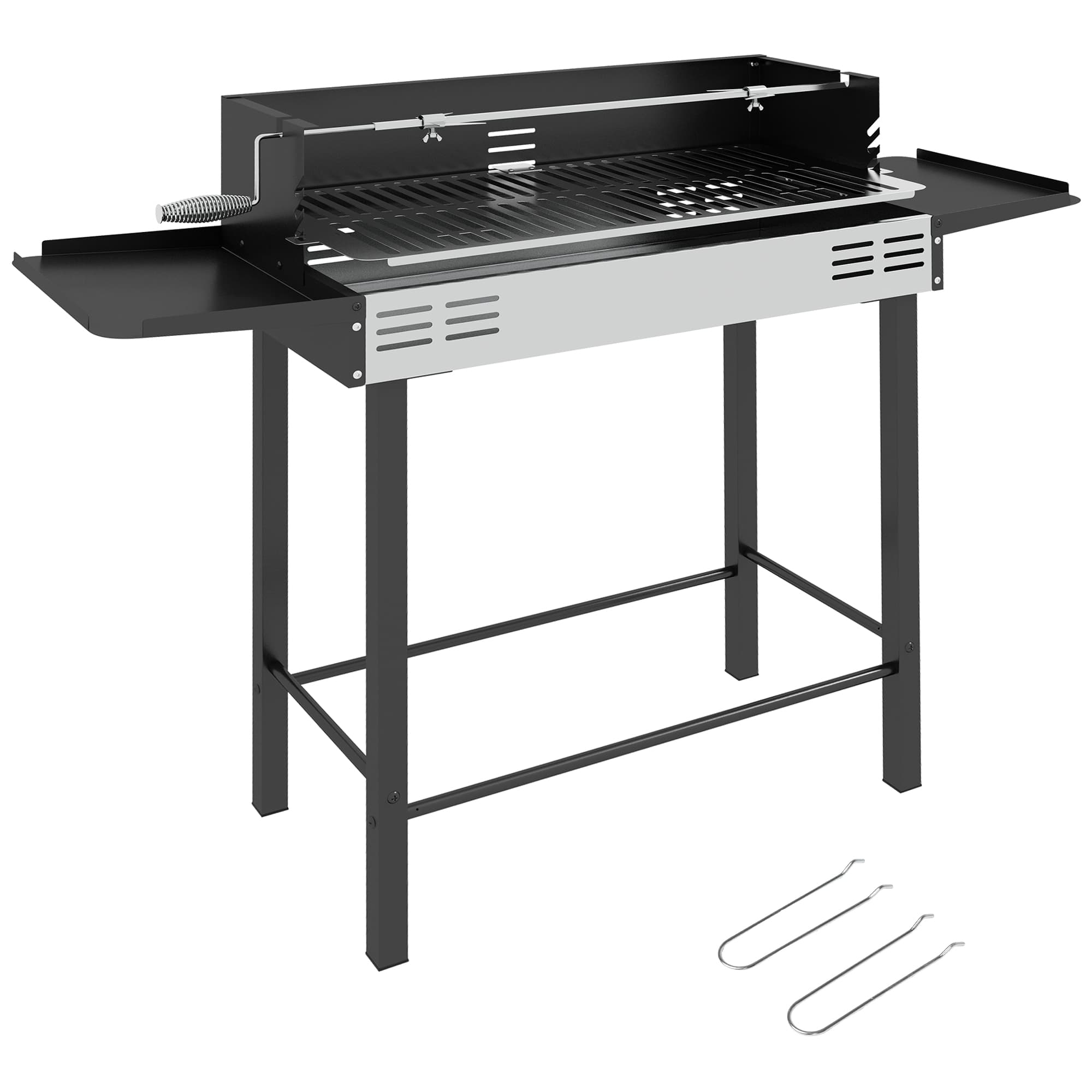 Outsunny Barbecue charbon de bois BBQ avec grille de gril à 3 niveaux et étagères latérales pliables, 118 x 32 x 90 cm, noir