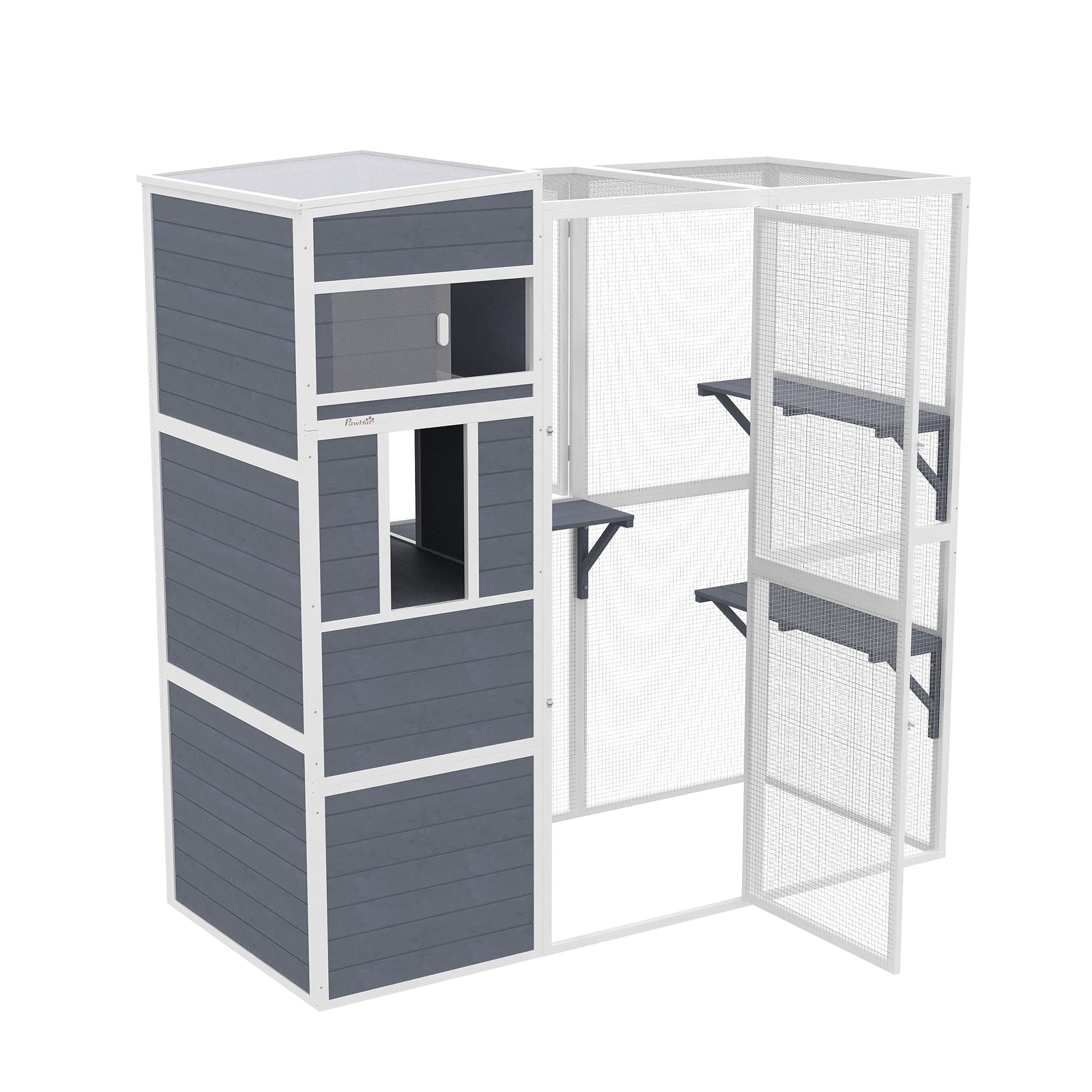 PawHut Enclos pour chats extérieur Maison pour chats en bois avec 3 plateformes toit étanche espace repos pour 3-4 chats jusqu'à 10 kg Gris