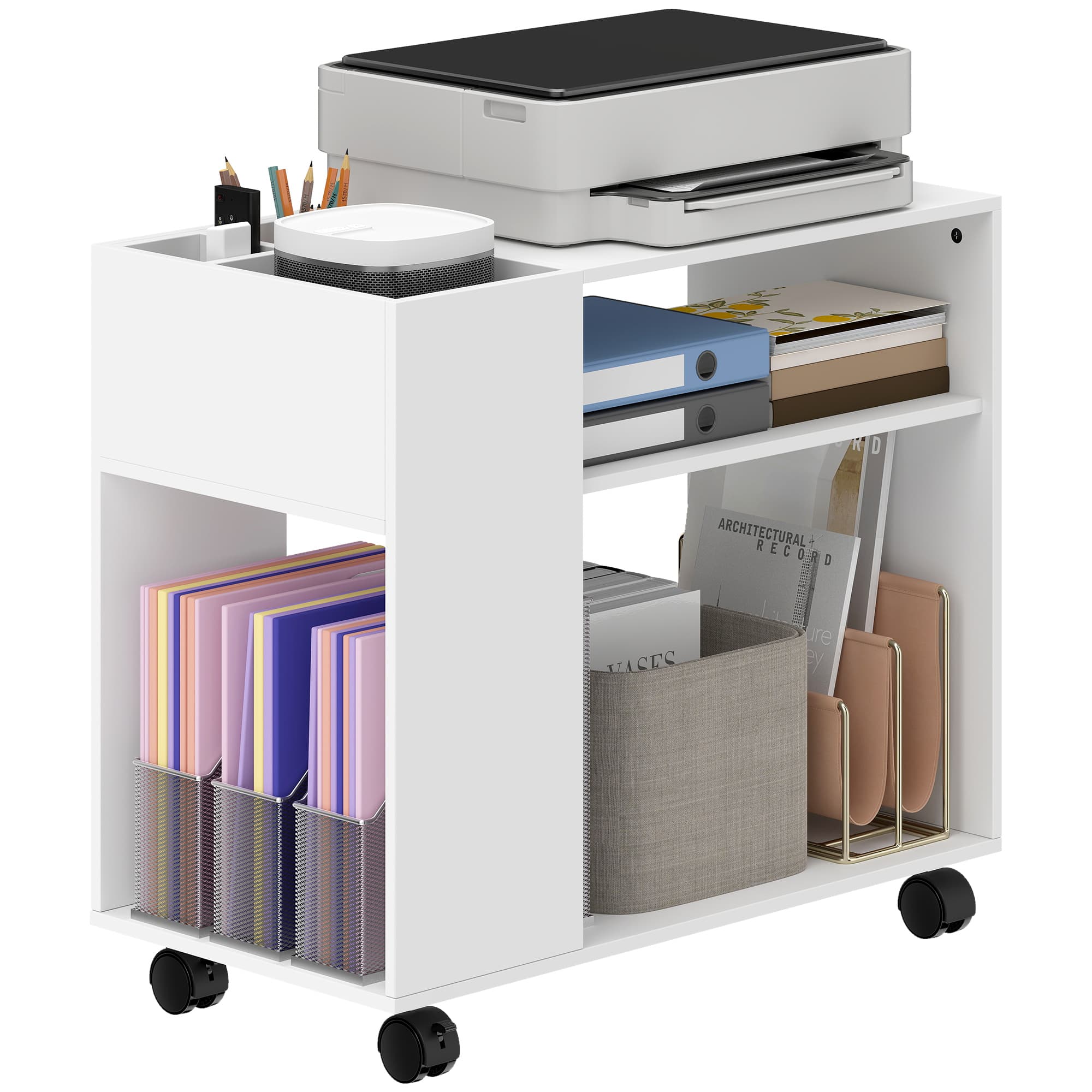 HOMCOM Meuble pour Imprimante à Roulettes Compartiments Supérieurs Étagères Ouvertes 70x36x60 cm Blanc