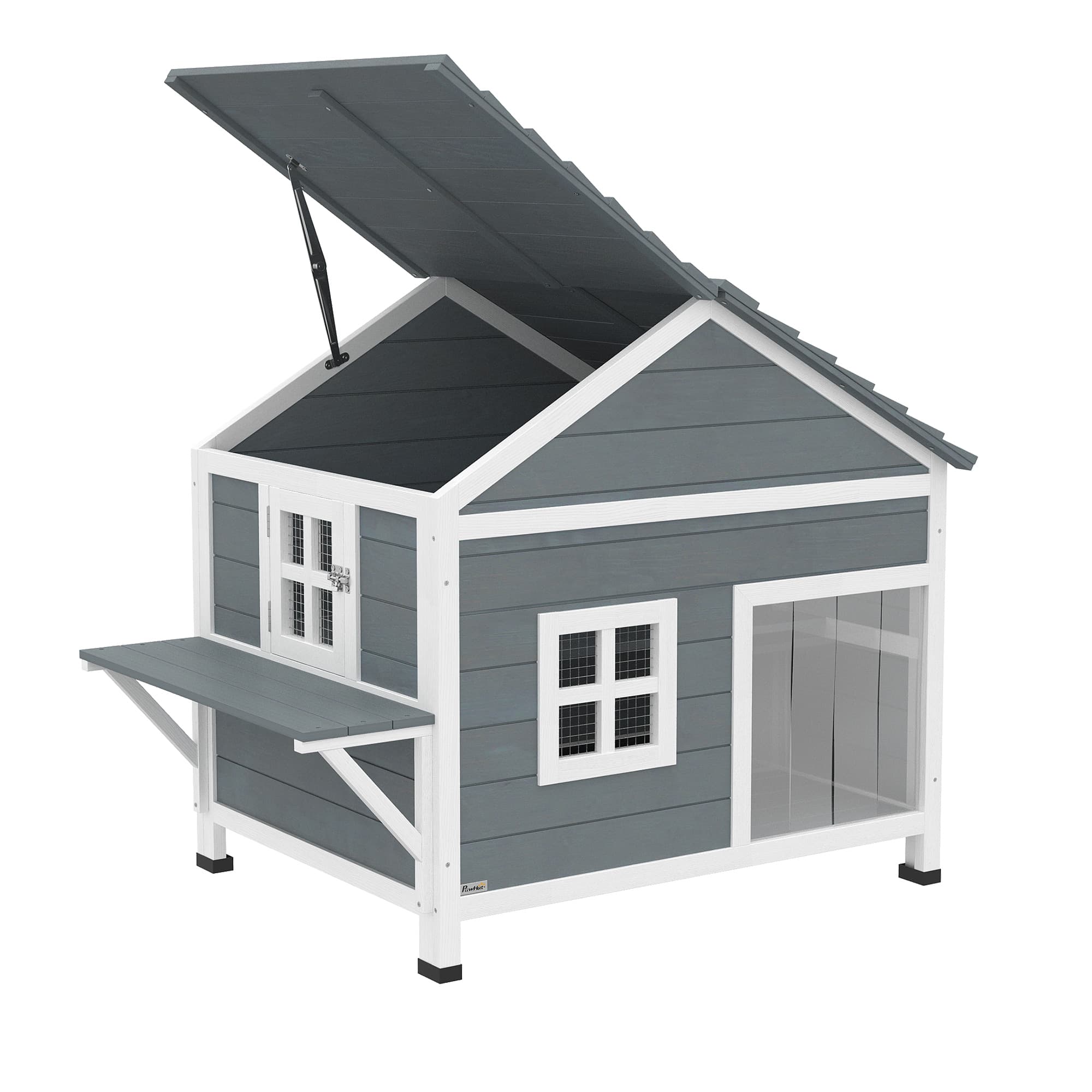 PawHut Maison pour chat en bois 2 étages, refuge pour chat avec toit étanche ouvrant, plateforme latérale, 101x72,5x81 cm, Gris