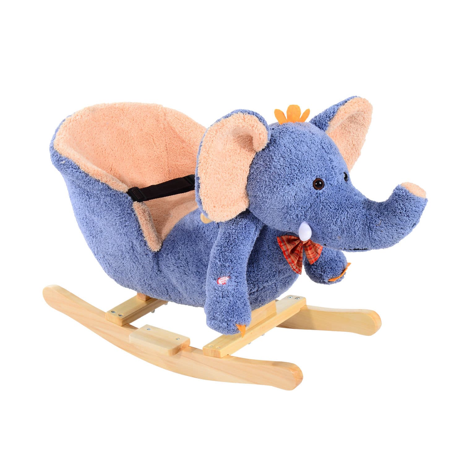 HOMCOM Cheval Eléphant Animal à Bascule Musical Ceinture de Sécurité en Bois et Court Peluche Bleu