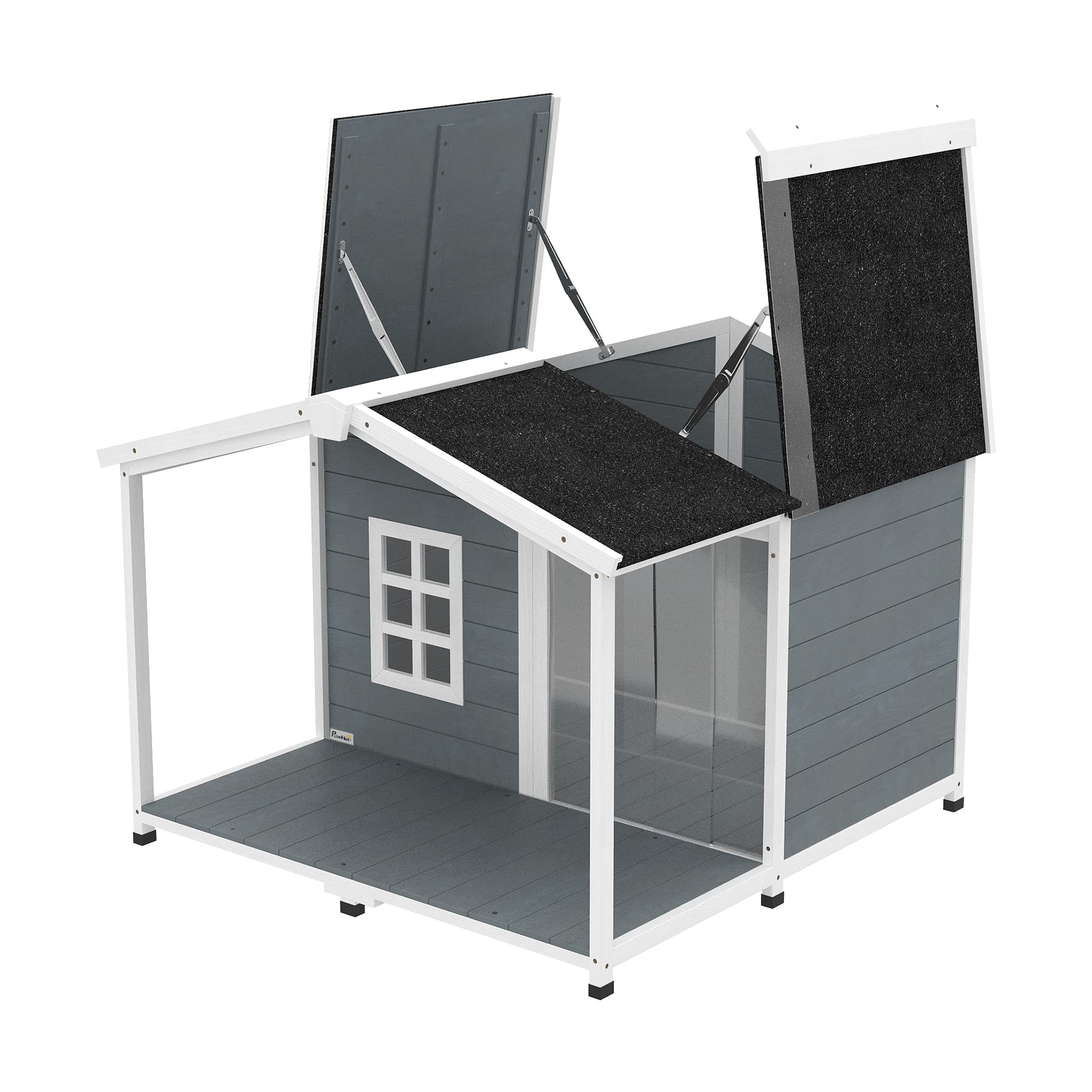 PawHut Niche pour chien imperméable surélevée en bois avec toit en asphalte, terrasse, pour chiens de taille moyenne 103x107x83,5cm Gris