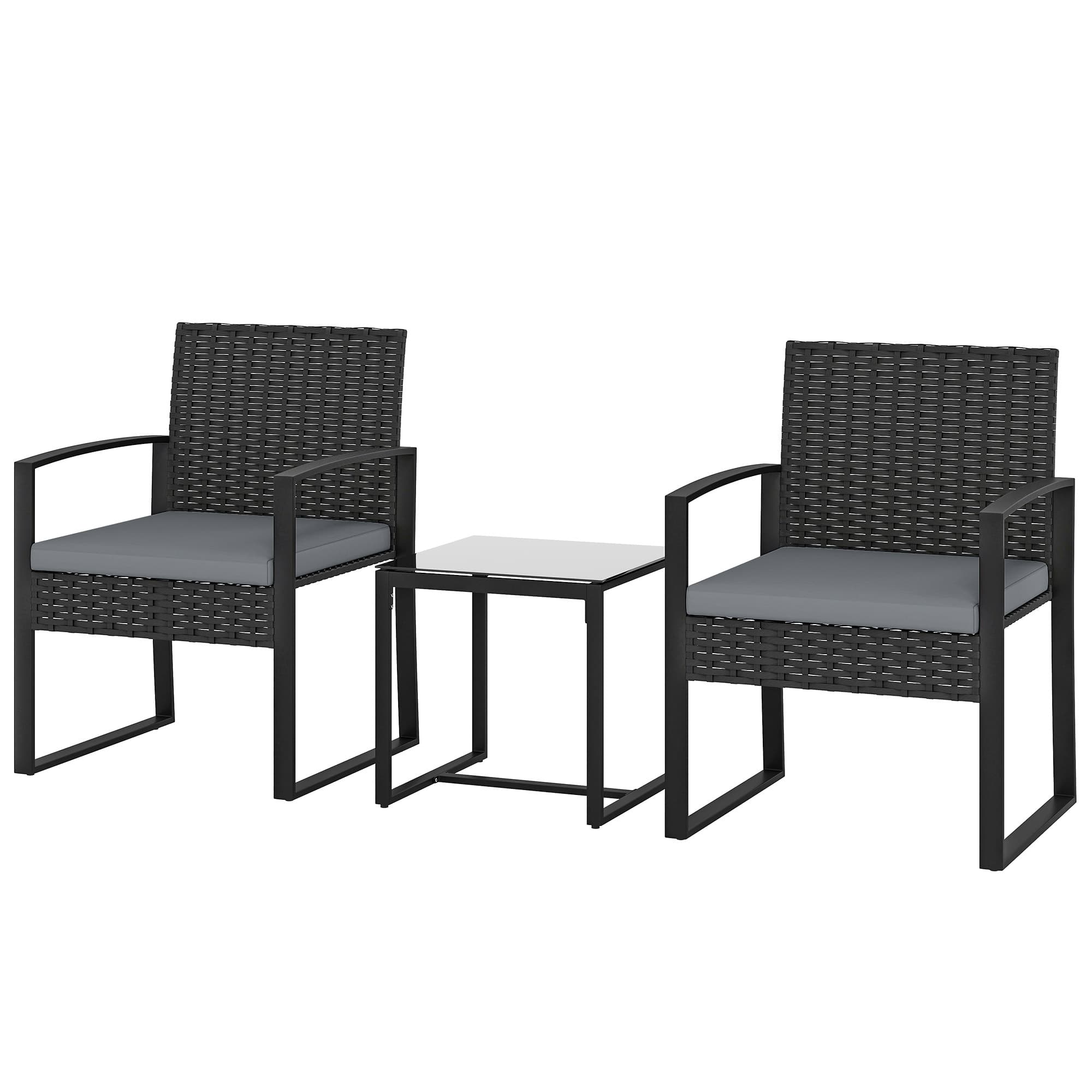 Outsunny Ensemble de meubles de jardin en rotin synthétique avec 2 chaises avec coussins amovibles et table avec plateau en verre gris