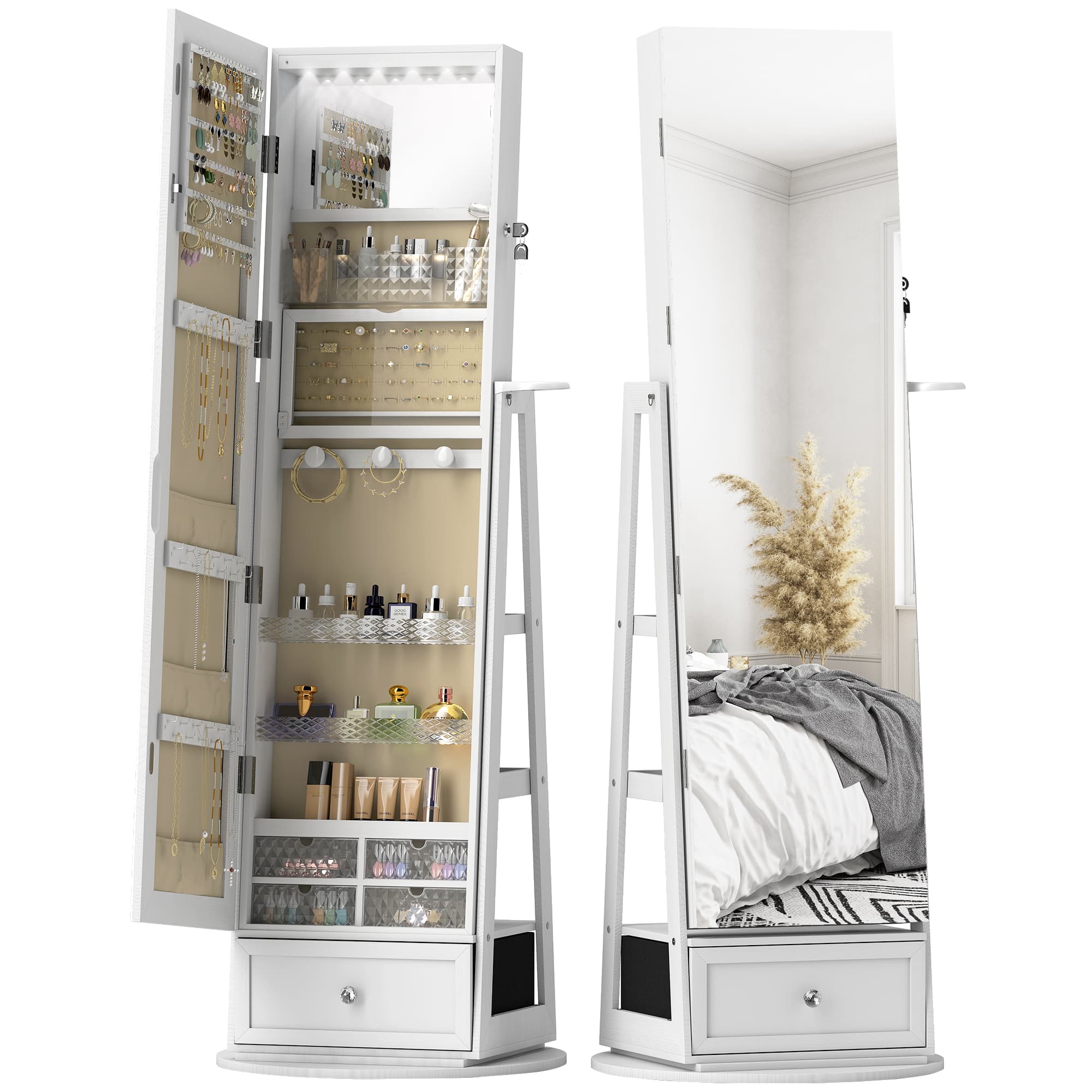 HOMCOM Miroir Coffre à Bijoux avec LED Armoire à Bijoux Miroir Pleine Longueur Pivotante 360° Tiroir Serrure Blanc