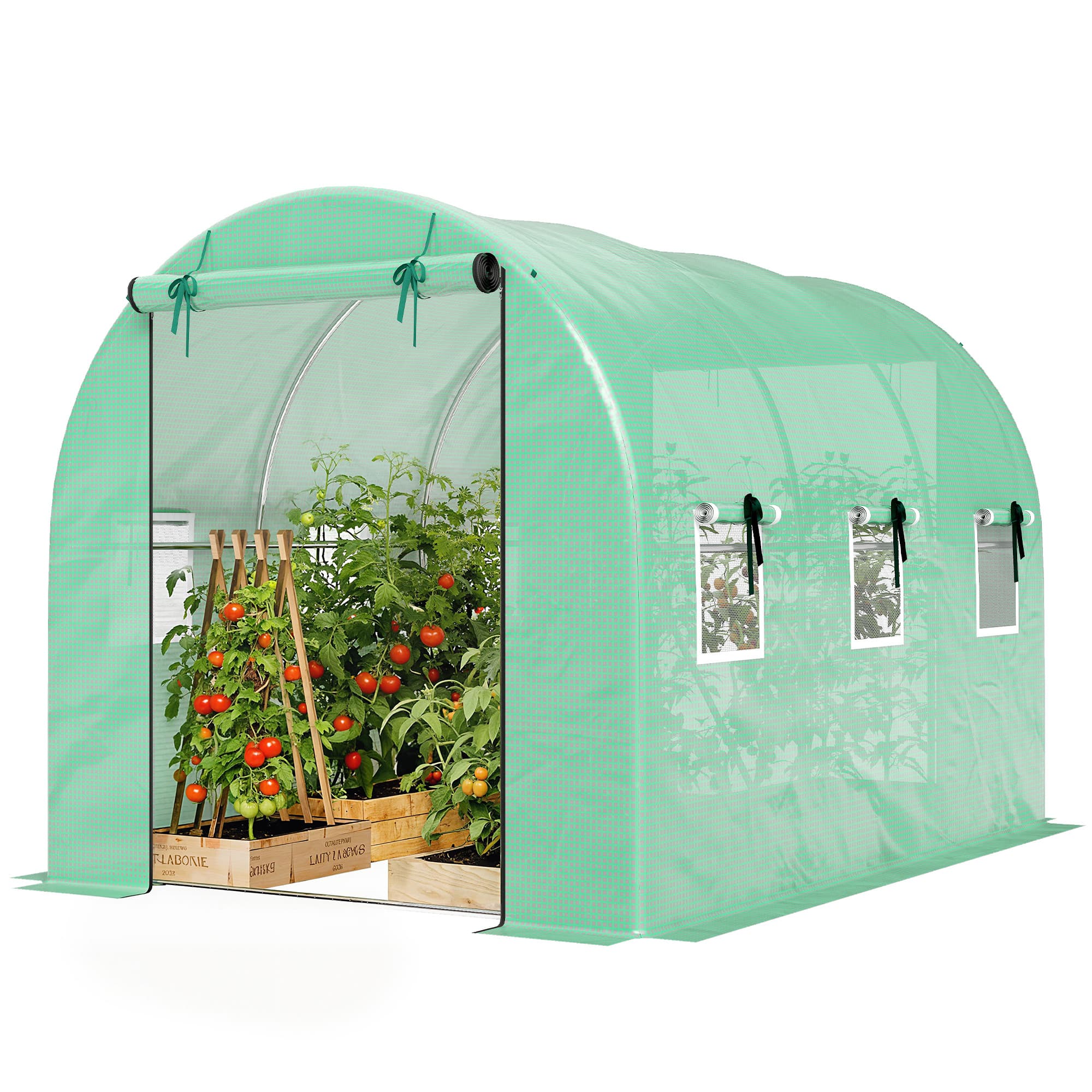 Outsunny Serre 3 x 2 x 2 m serre en bâche avec 2 portes zippées enroulables & 6 fenêtres en maille barres de soutien Vert