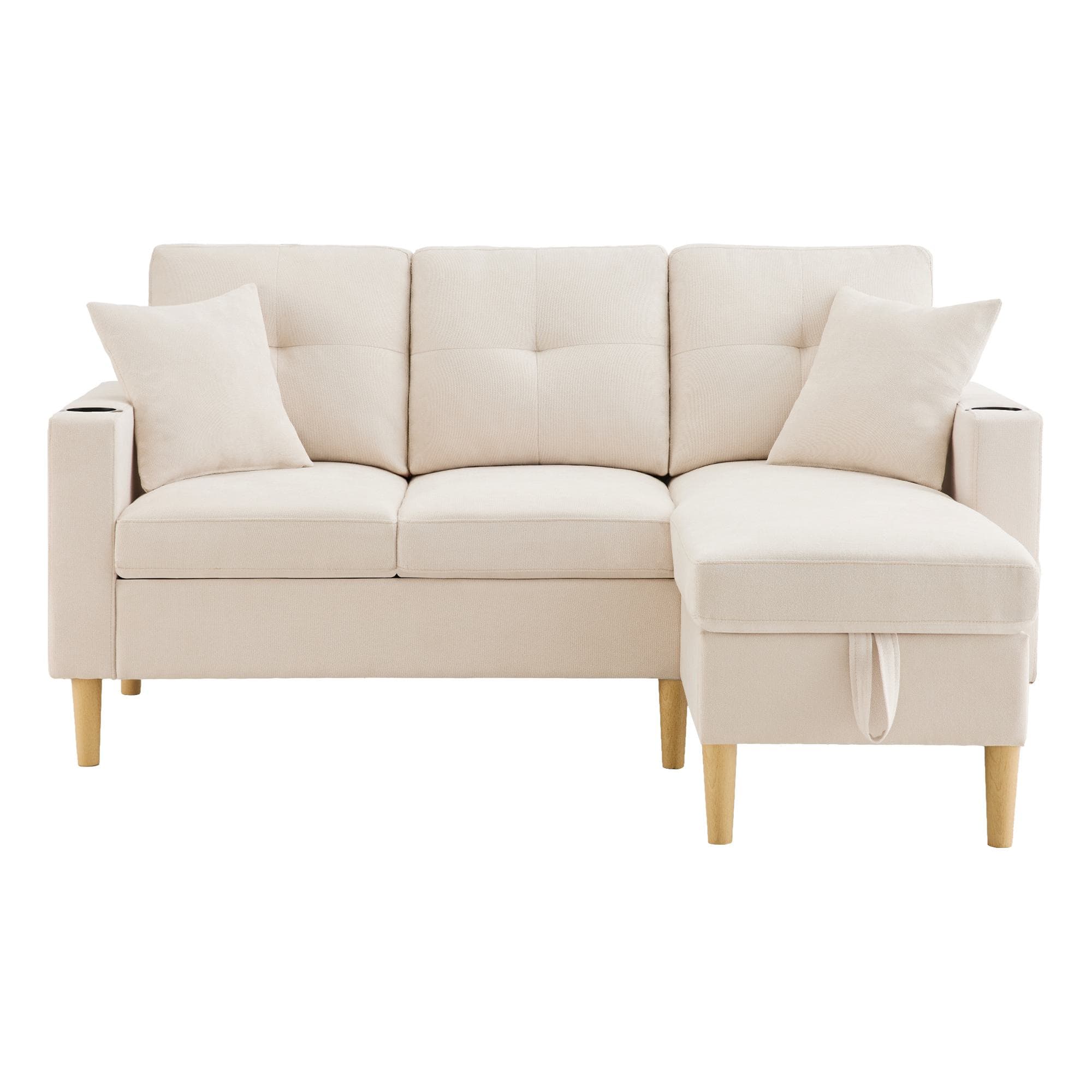 Canapé d'angle moderne en L, 3 places avec méridienne et rangement, porte-gobelet intégré, 175x129x90 cm, Beige
