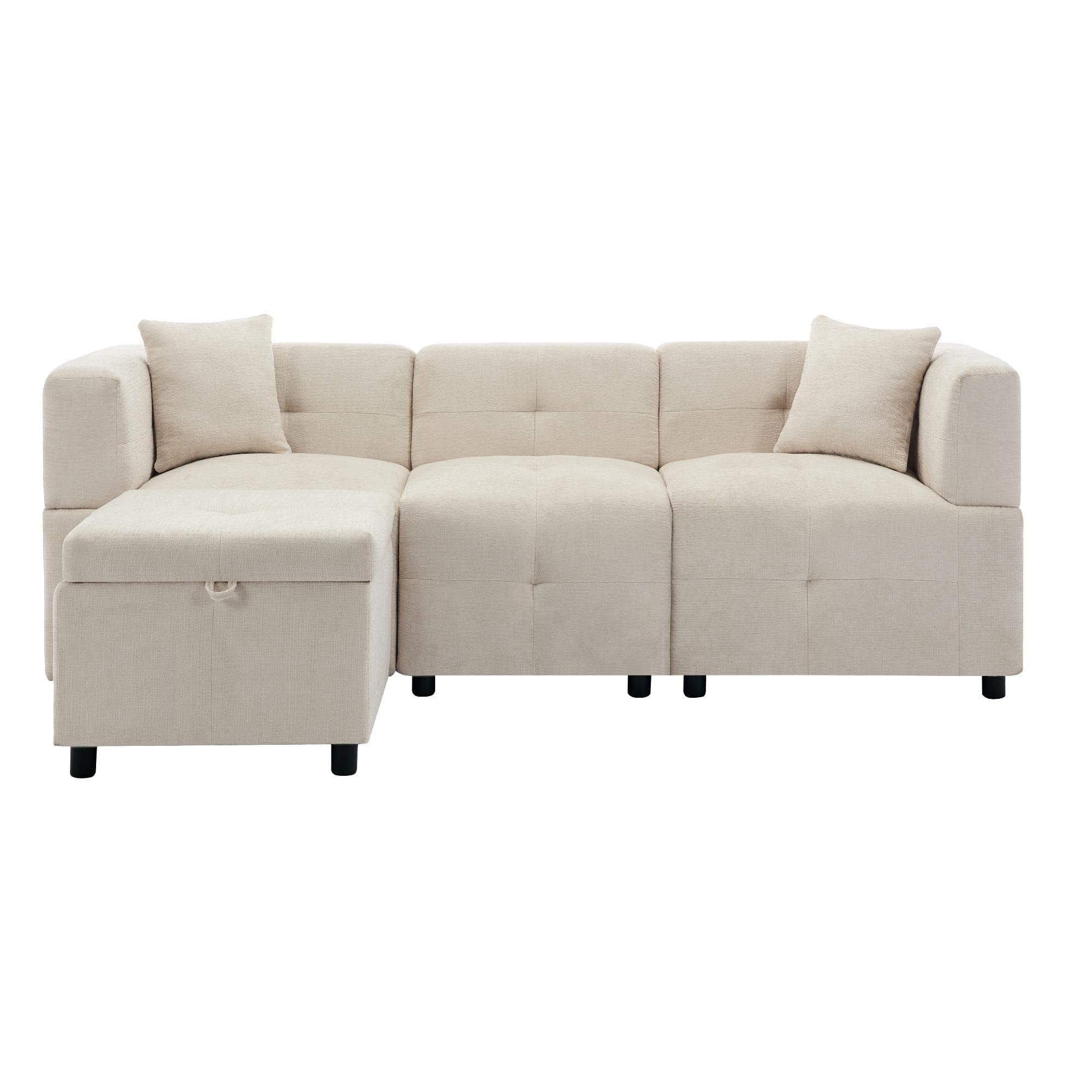 Canapé d'angle 3 places avec rangement, design en L avec pouf amovible et 2 coussins, 204x126x69 cm, Beige