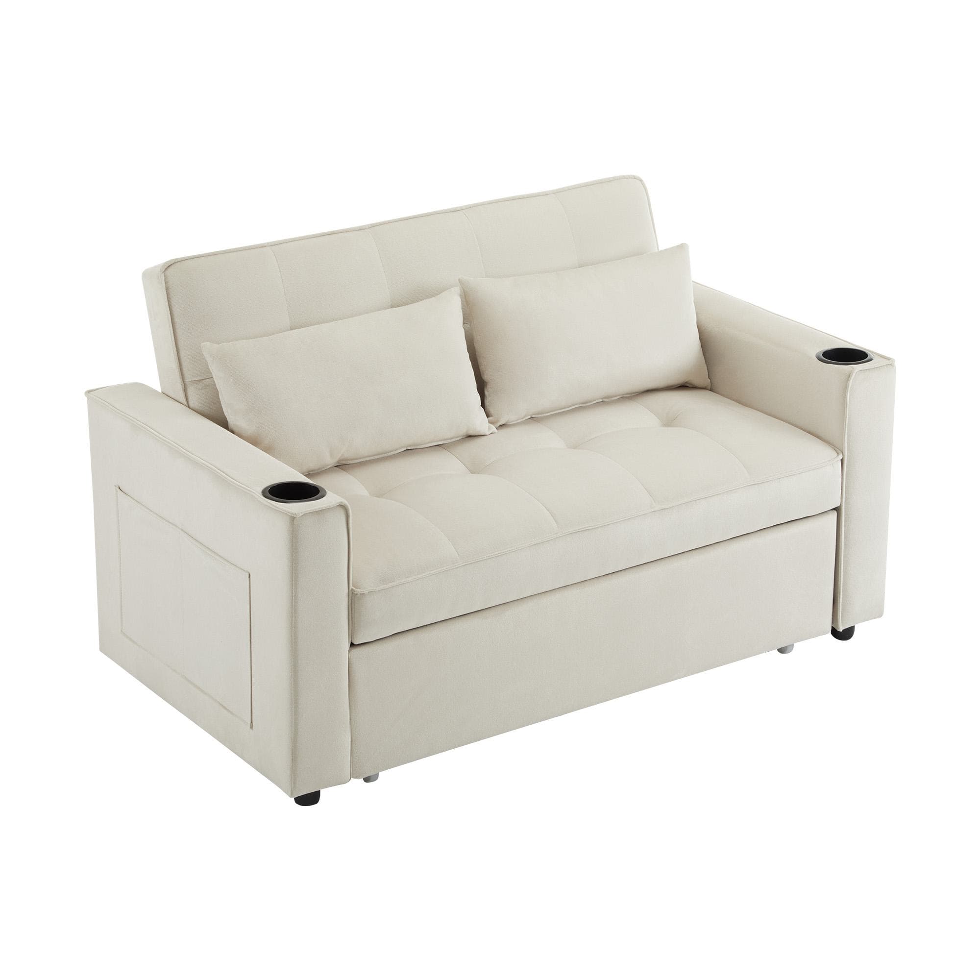 Canapé-lit pliant, canapé multifonction avec fonction couchage, avec porte-gobelet et coussin, 137x76,5x83 cm, Beige