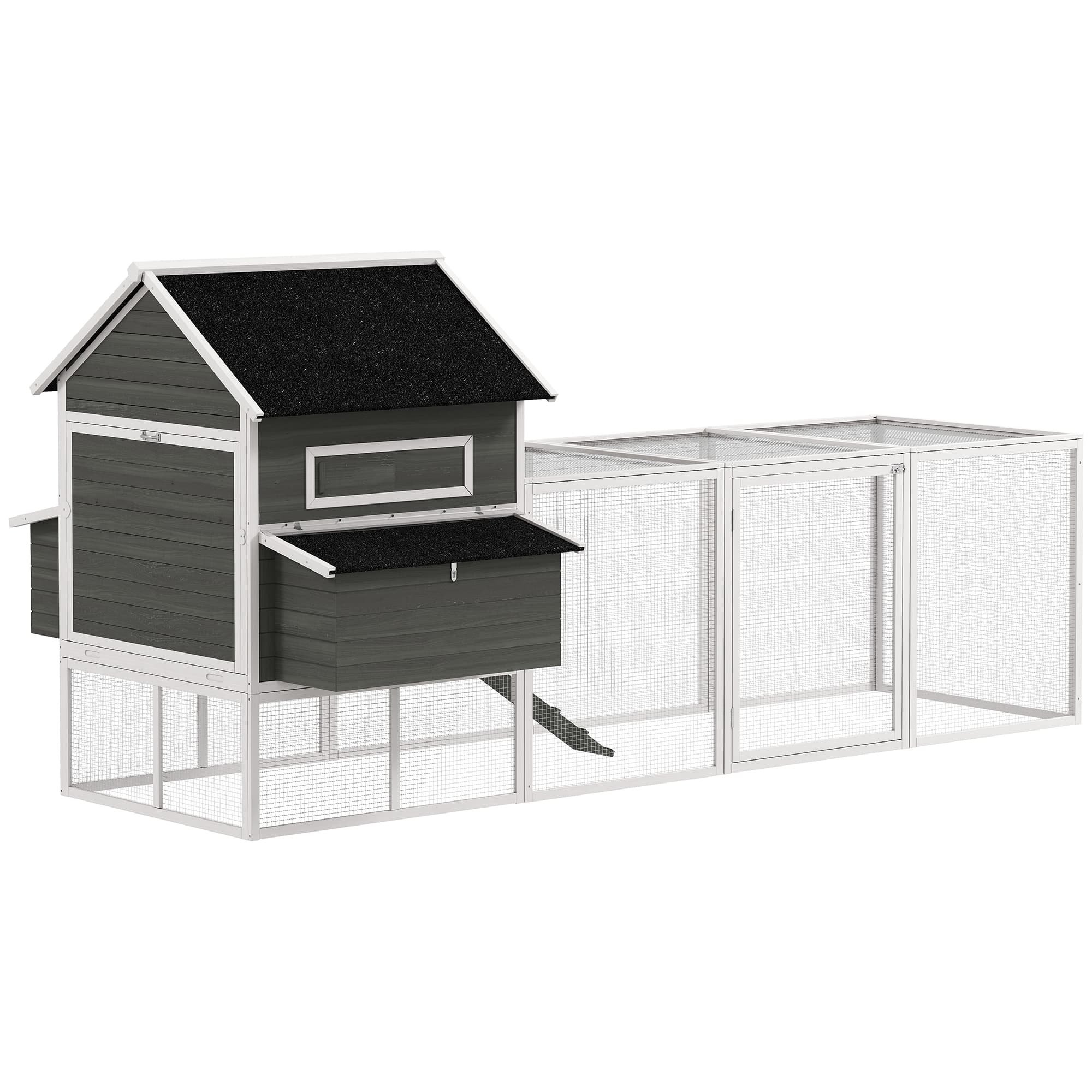 PawHut Poulailler en bois avec enclos nichoir toit en asphalte plateau extractible pour 8-10 poules 347x160x150 cm Gris foncé