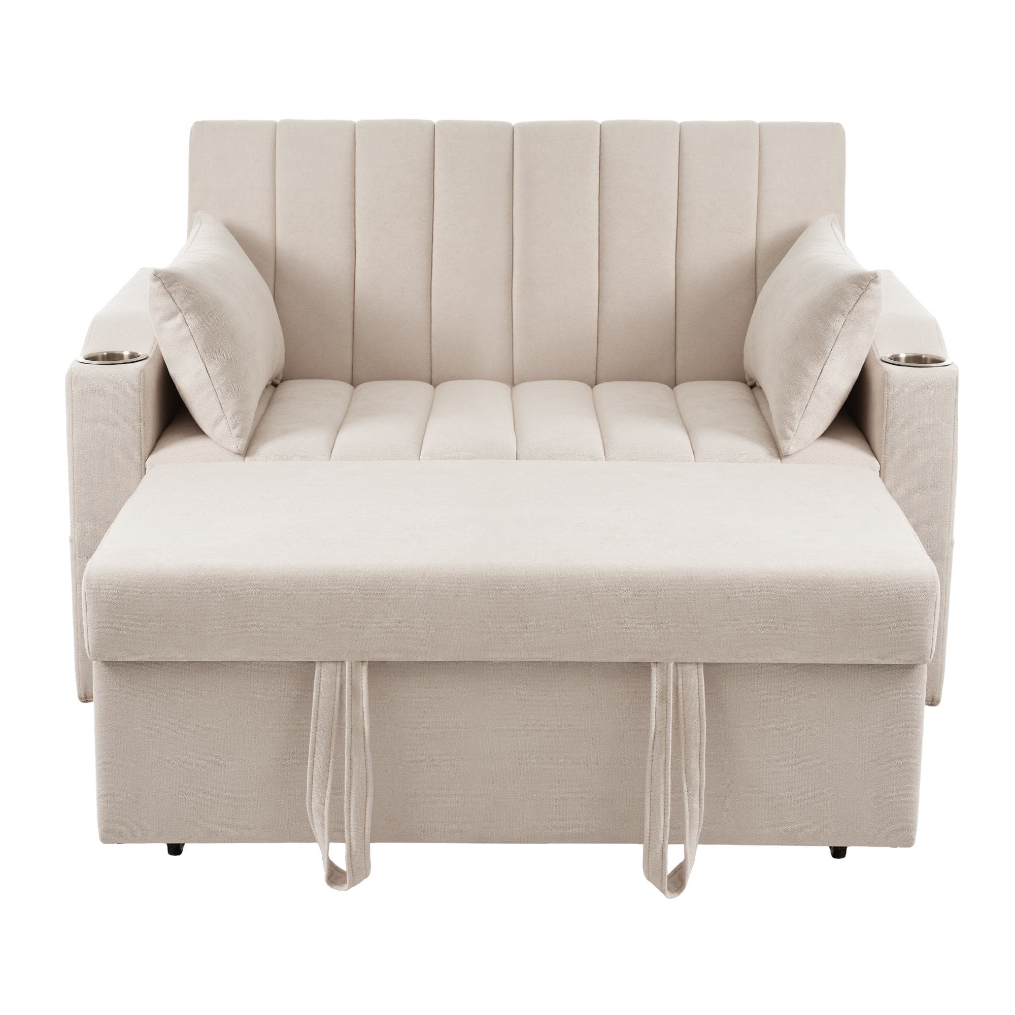 Canapé-lit multifonction moderne avec dossier réglable, porte-gobelet et coussin, 136x162x84 cm, Beige