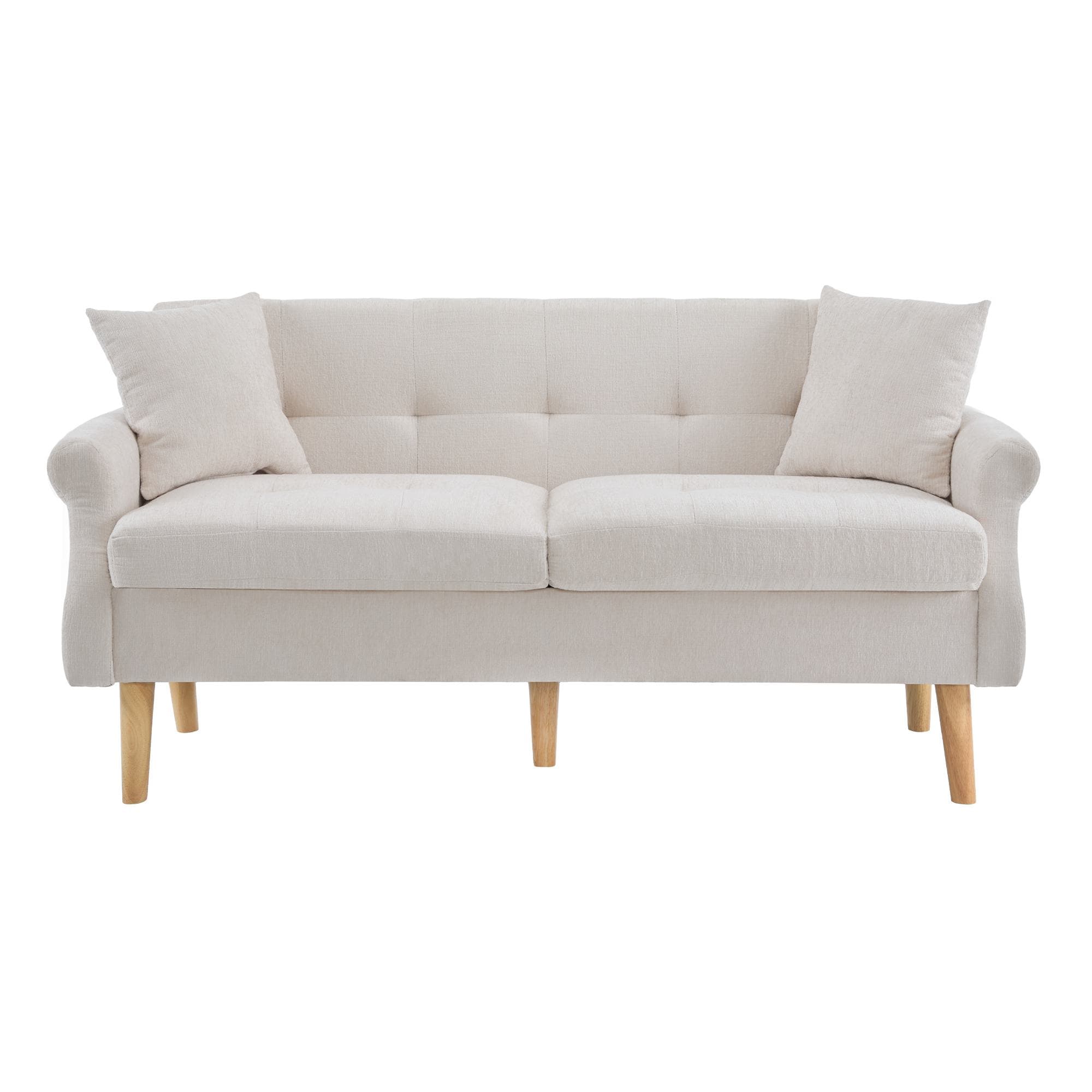 Canapé 2 places moderne en tissu chenille avec coussins épais, pieds robustes en bois massif, 162x74x77 cm, Beige
