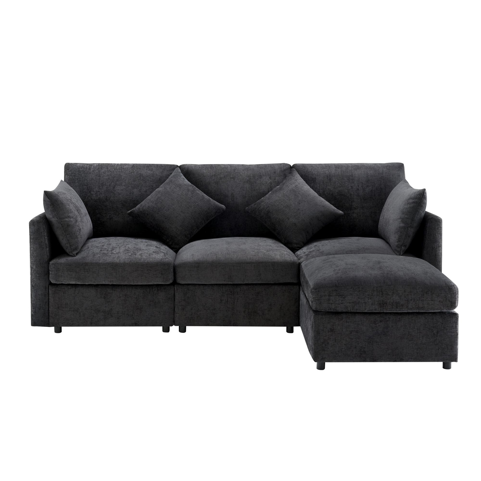 Canapé en tissu chenille moderne, canapé d'angle en L avec pouf et coussins décoratifs, 216x161x81 cm, Gris