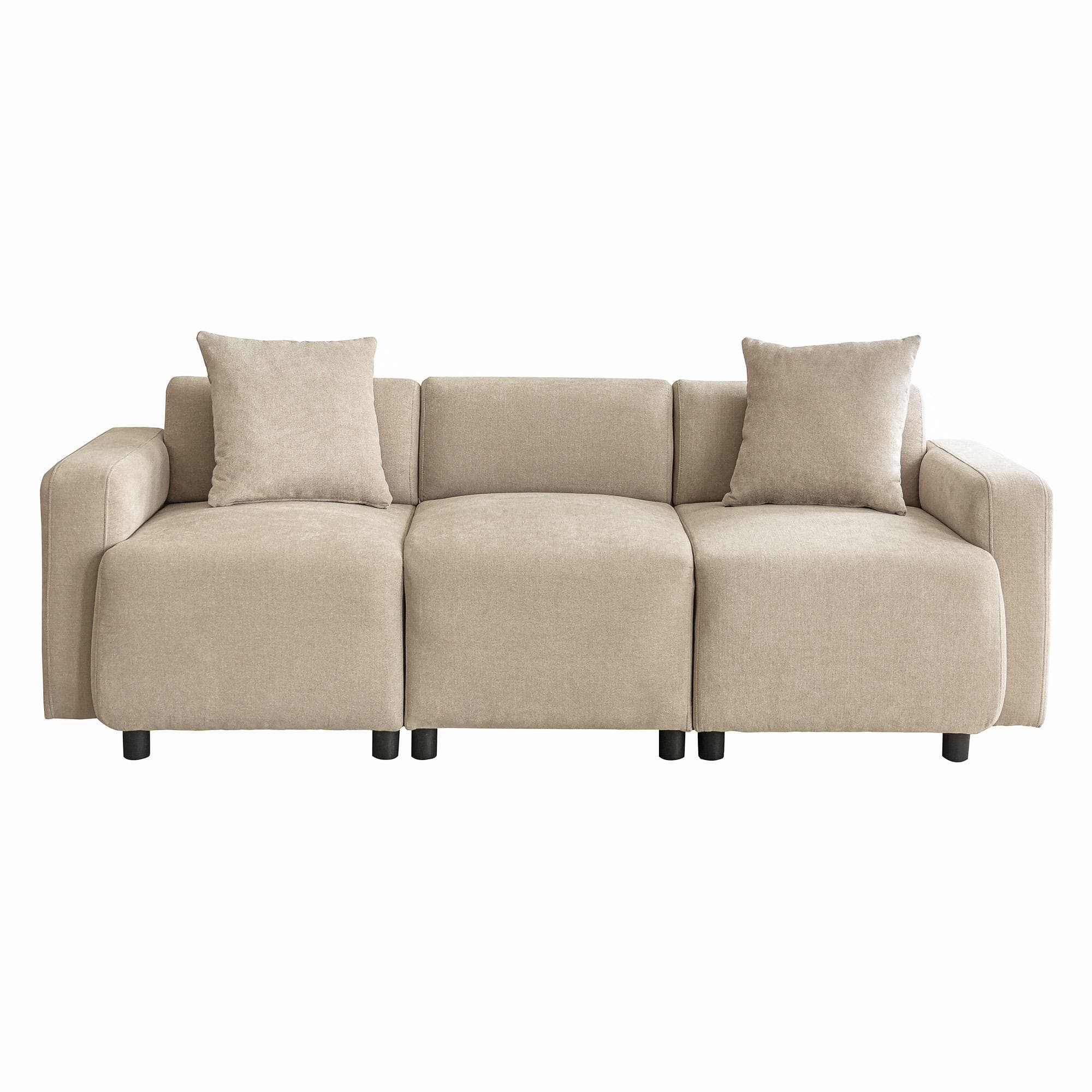 Canapé 3 places moderne avec coussins déco, tissu chenille, 211x67x71 cm, Beige