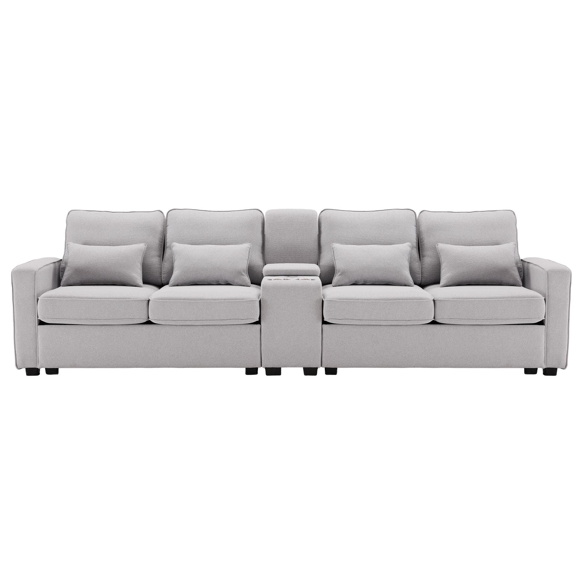 Canapé 4 places moderne en tissu de lin, avec console, 2 porte-gobelets, 2 ports USB, 290x83x88 cm, Gris